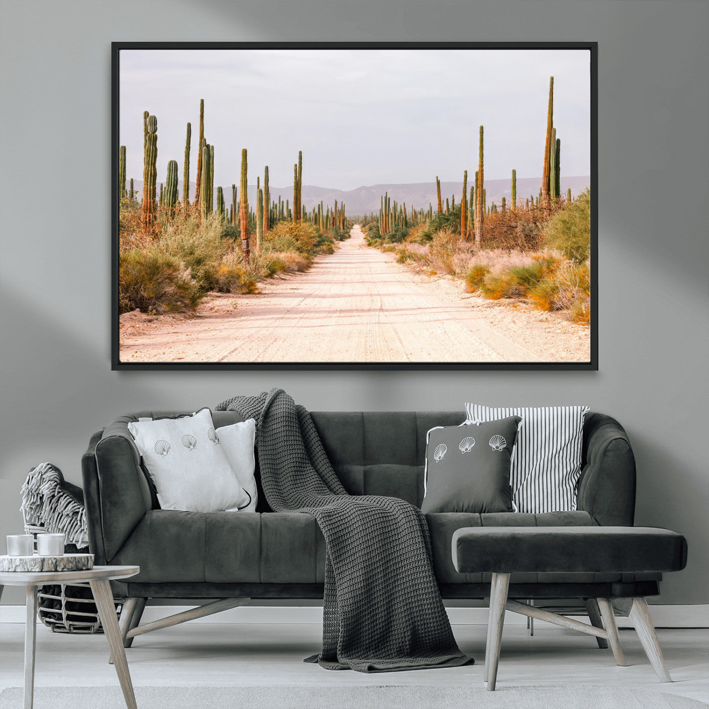 MGV-FC-36X24 - Desert Cactus Lined Road Wall Art Canvas Print, Framed Southwestern Landscape Art Picture Print, Bohemian Western Aesthetic Perfect Southwestern Boho Decor Artwork