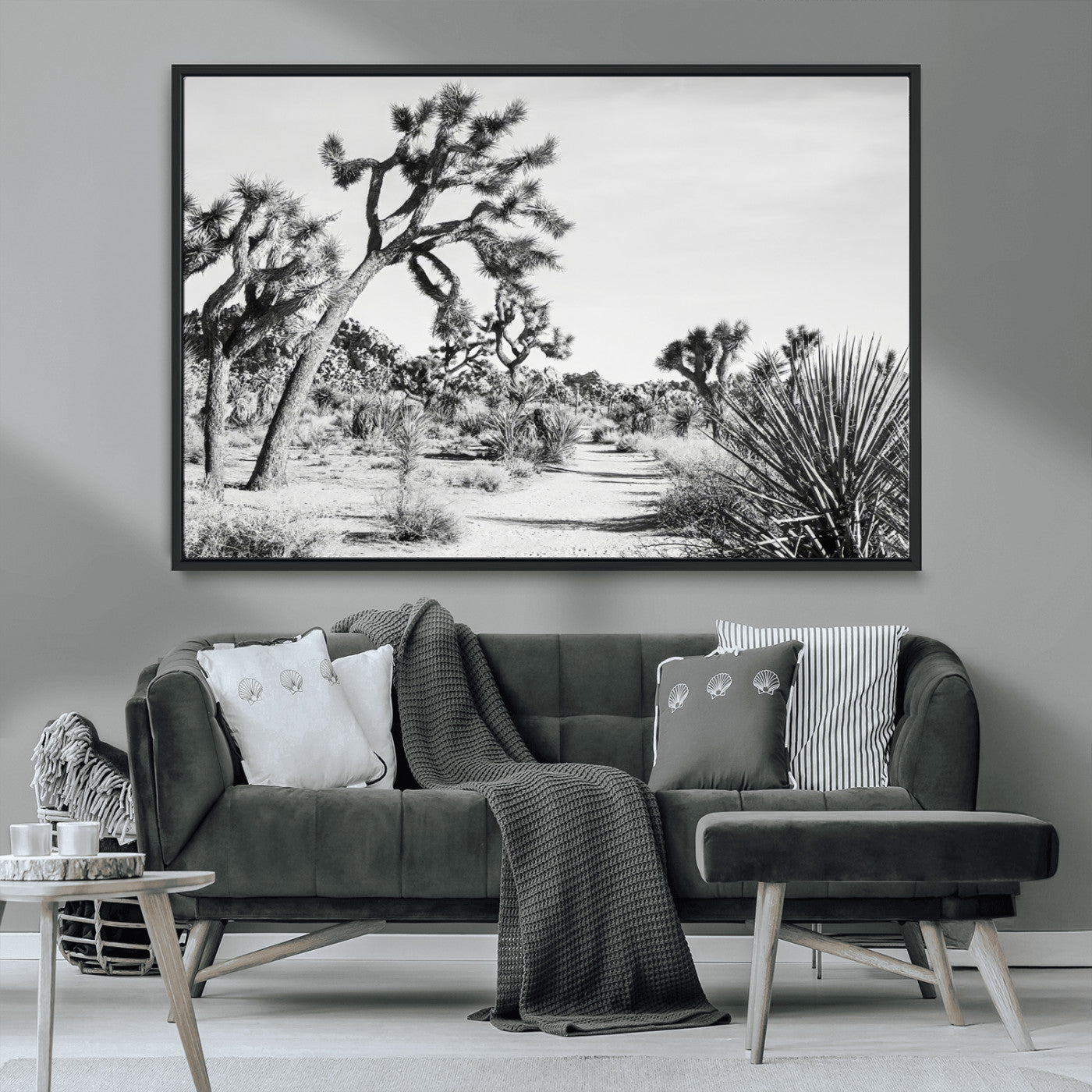 MGV-FC-36X24 - Joshua Tree Wall Art Canvas Print, Framed Desert Path Art Picture Print, Monochrome Desert Perfect Minimalist Desert Decor Artwork
