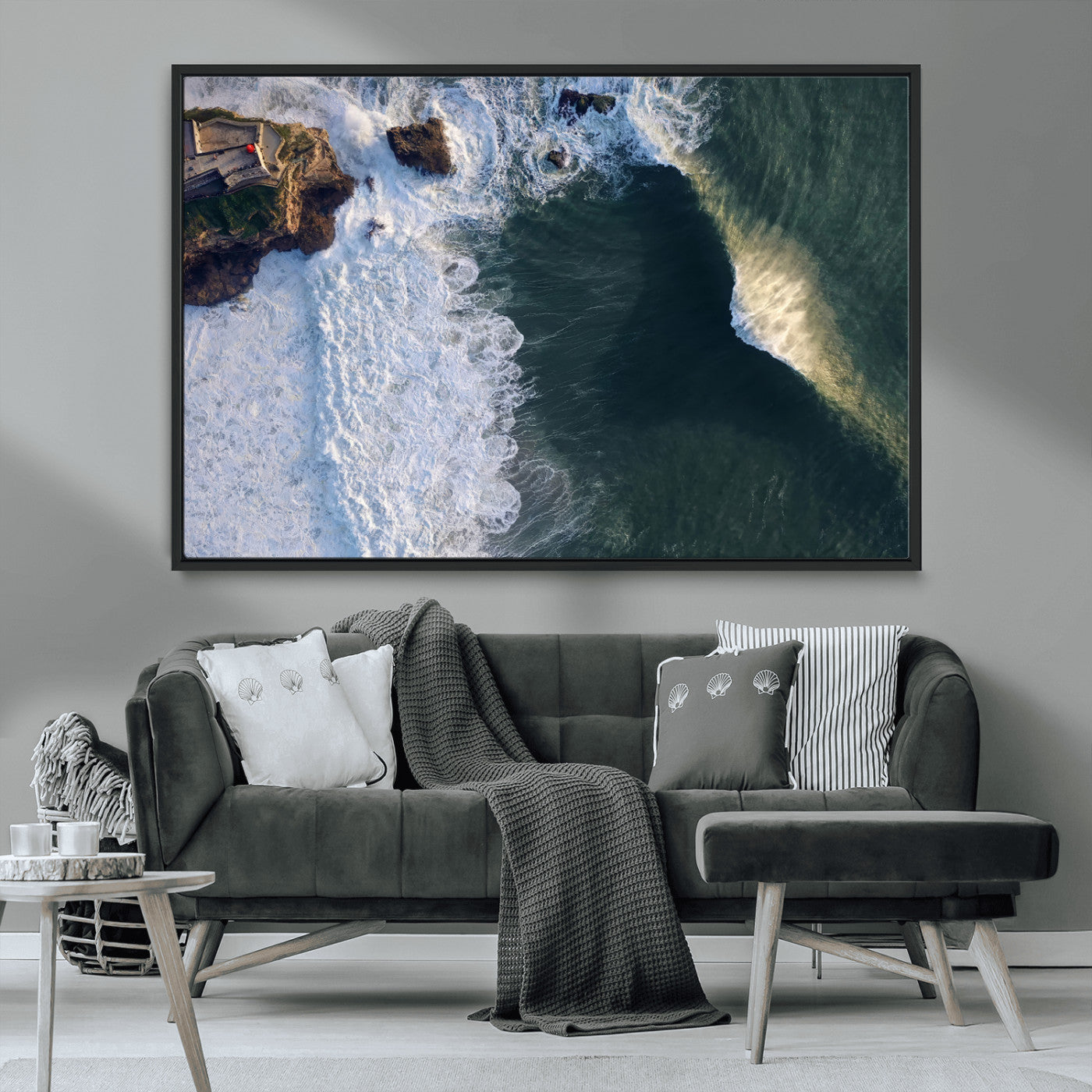 MGV-FC-36X24 - Nazaré Coast Wall Art Canvas Print, Framed Aerial Ocean Art Picture Print, Coastal Fortress Perfect Dramatic Coastal Decor Artwork