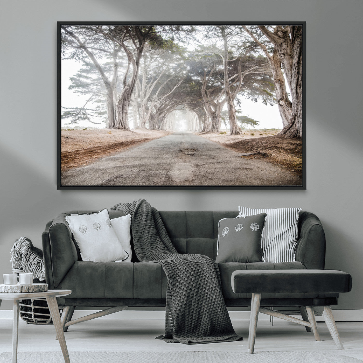 MGV-FC-36X24 - Cypress Tunnel Wall Art Canvas Print, Framed Misty Road Art Picture Print, Foggy Trees Perfect Rustic Woodland Decor Artwork