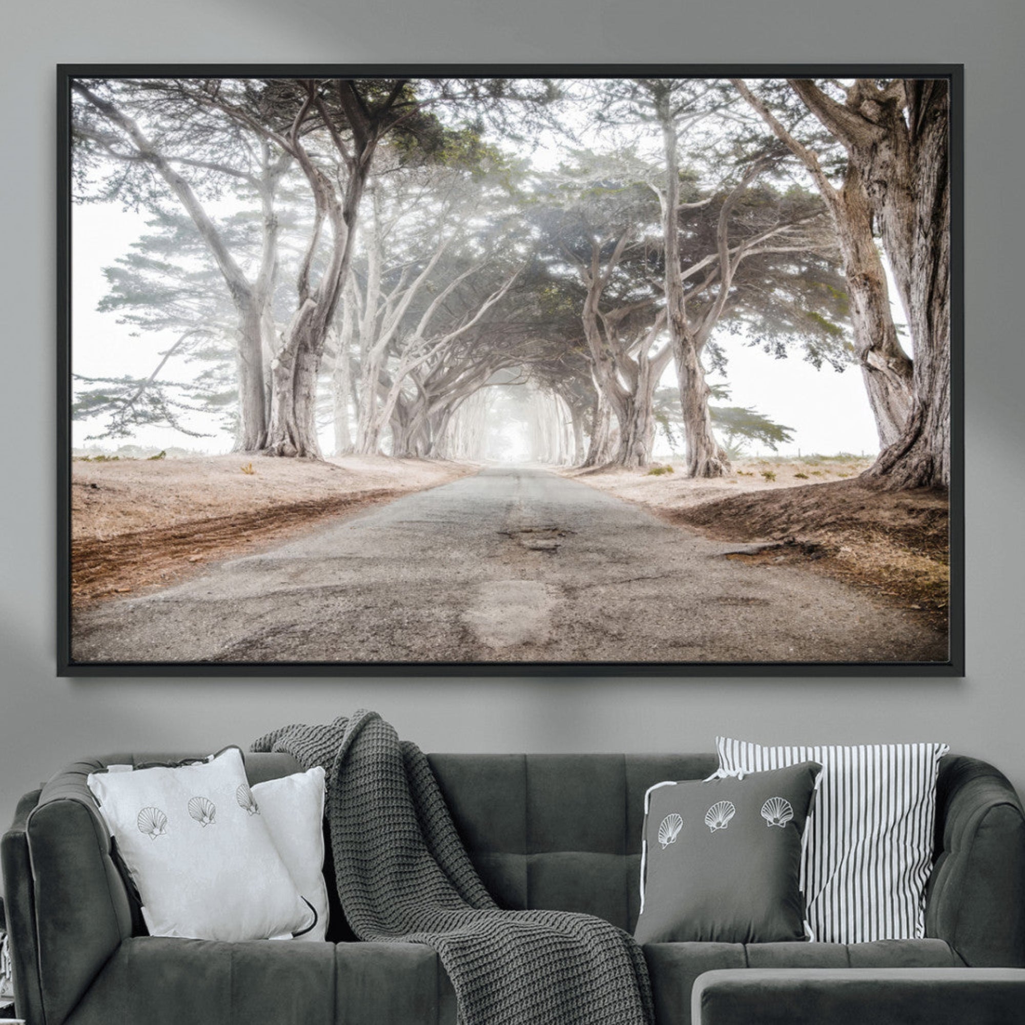 87090469-MGV-CV-36X24-Cypress Tunnel Wall Art – Framed Misty Road Canvas Artwork, Foggy Trees Design, Rustic Woodland Nature Decor for Home, Office