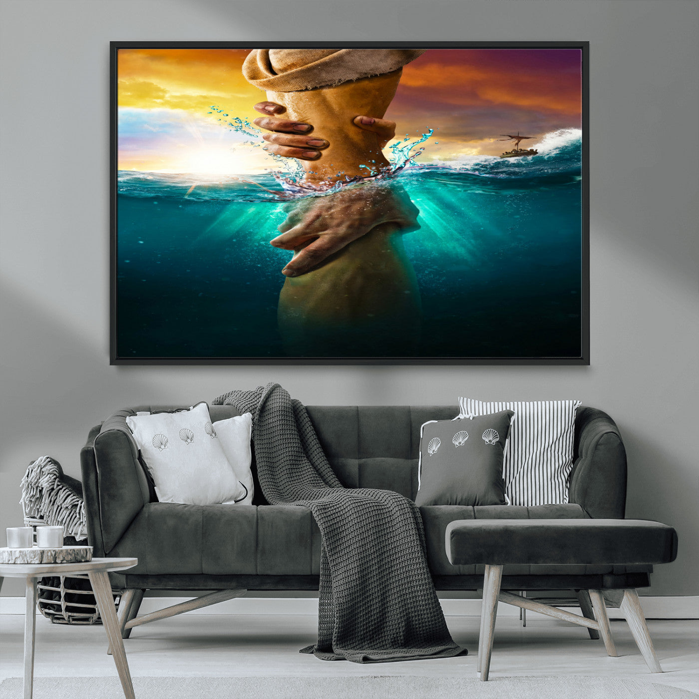 A dramatic scene of a hand reaching underwater and being lifted, symbolizing rescue and faith, ideal for spiritual or Christian wall decor.
