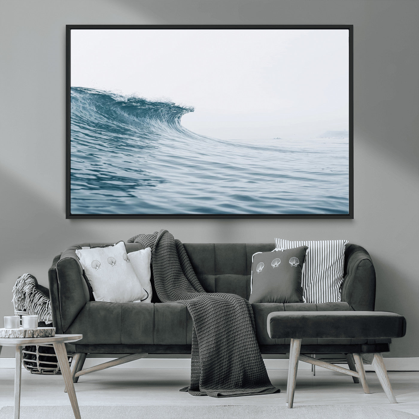 A single ocean wave curling in soft blue tones under a misty sky, ideal for coastal or minimalist home wall decor.