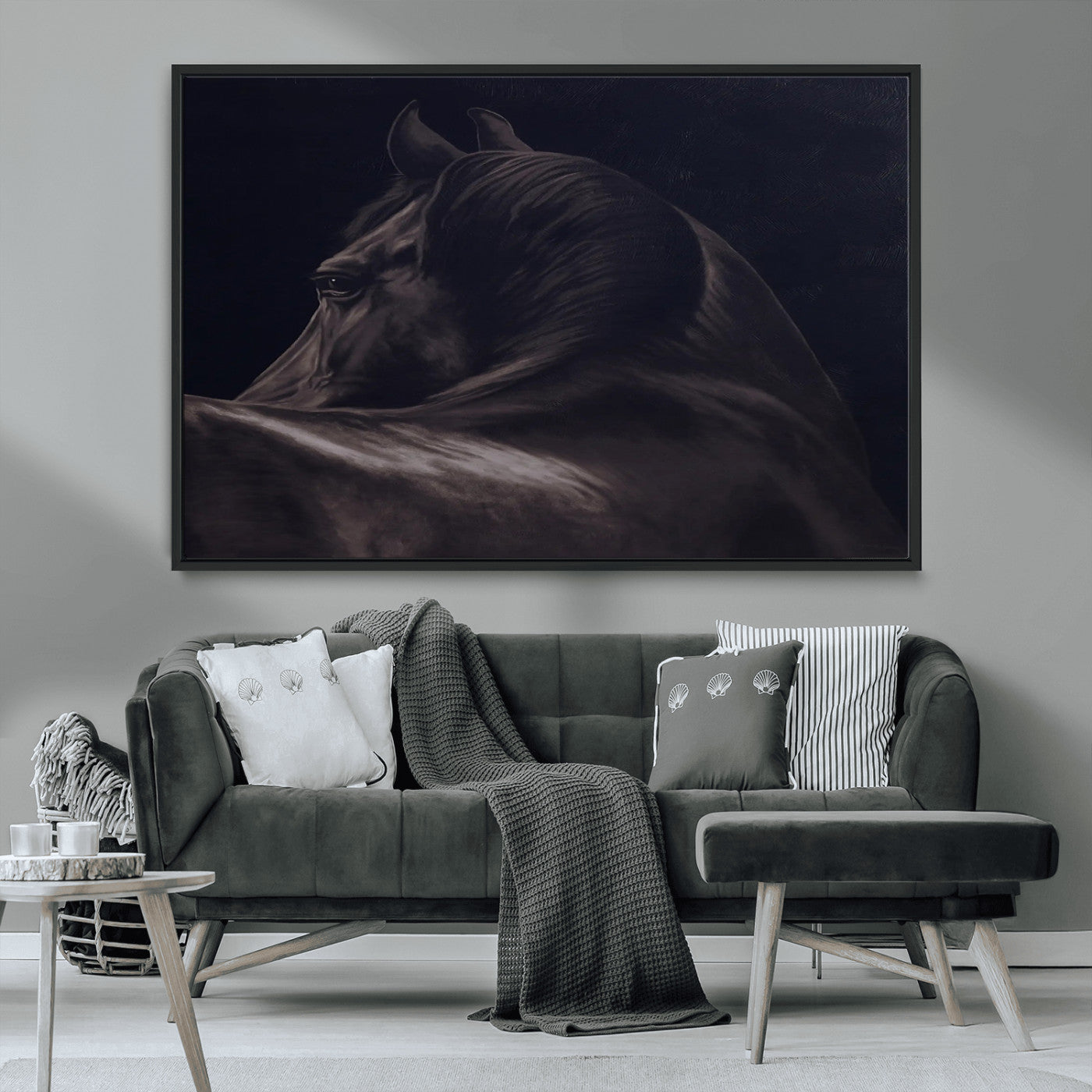 Moody black horse portrait with dramatic lighting on dark background, ideal for rustic, modern or Western style home decor.