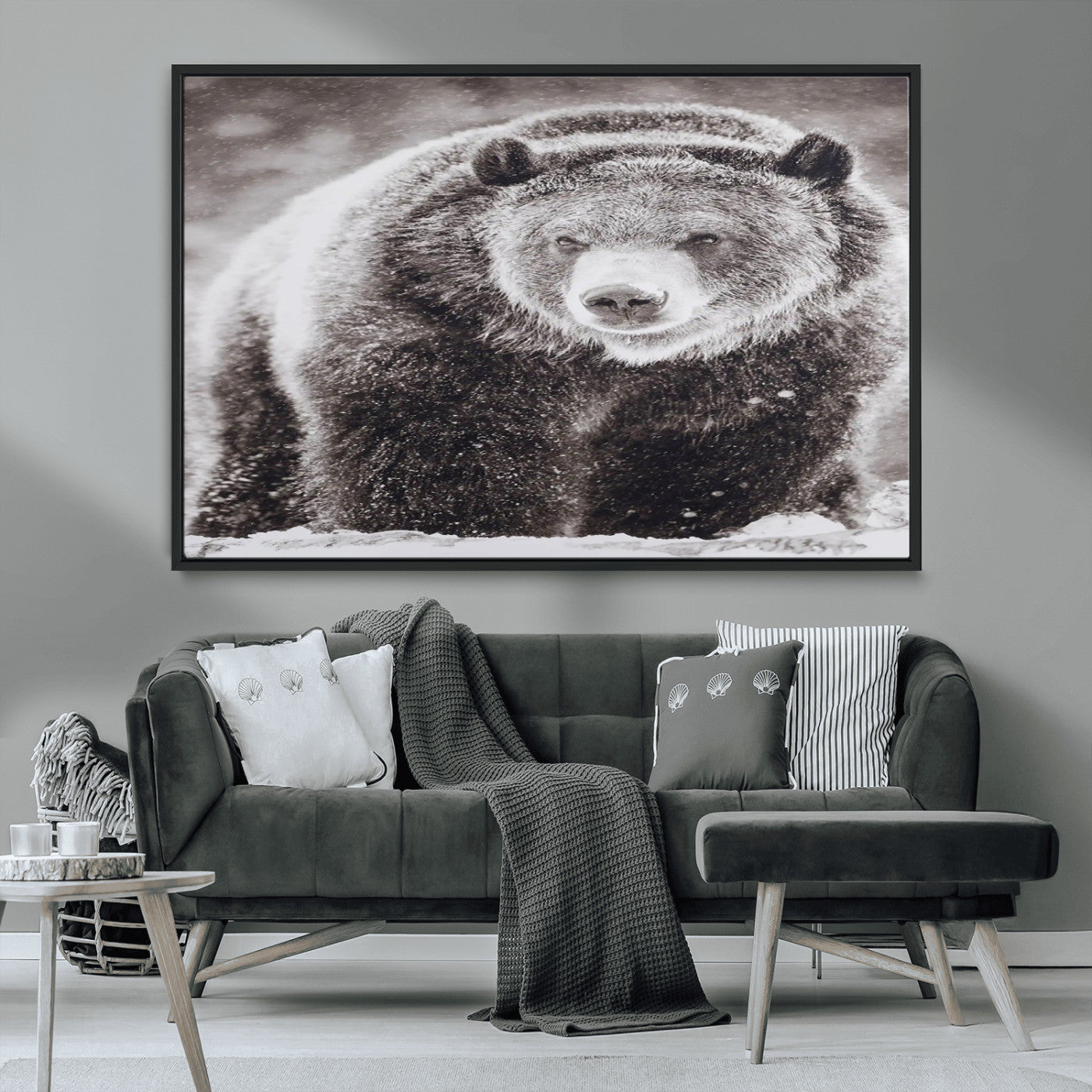 Snow-covered grizzly bear in black and white, ideal for rustic lodge, cabin or wildlife-themed home wall decor.