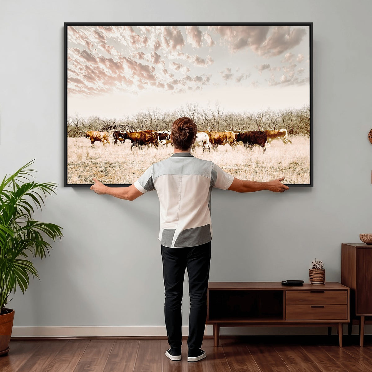 64892775-MGV-CV-24X16 - Longhorn Cattle Wall Art Canvas Print, Framed Texas Ranch Art, Western Cow Print, Prairie Landscape Decor