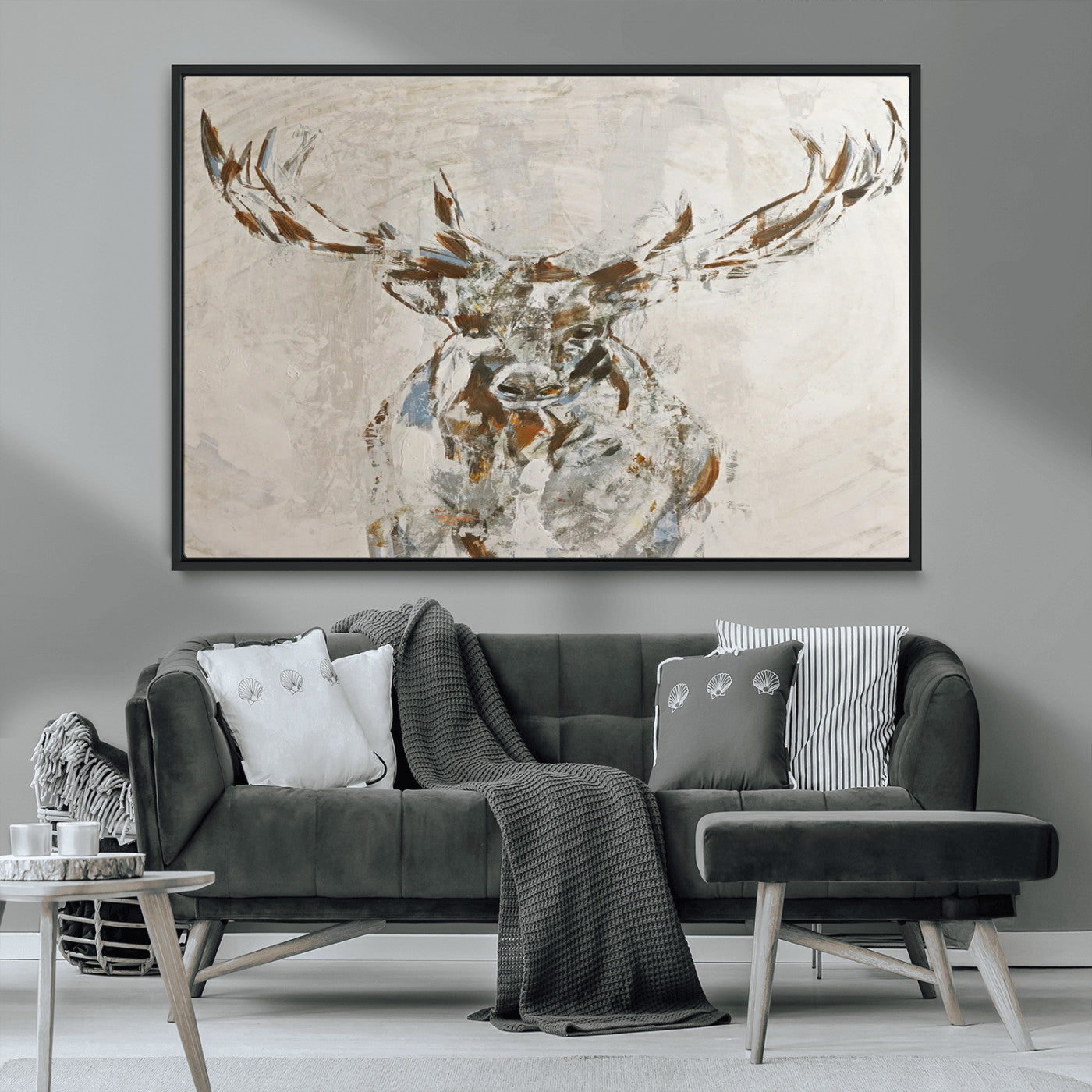 Abstract painting of a deer with antlers in neutral earth tones, ideal for modern rustic or lodge-style living room wall decor.
