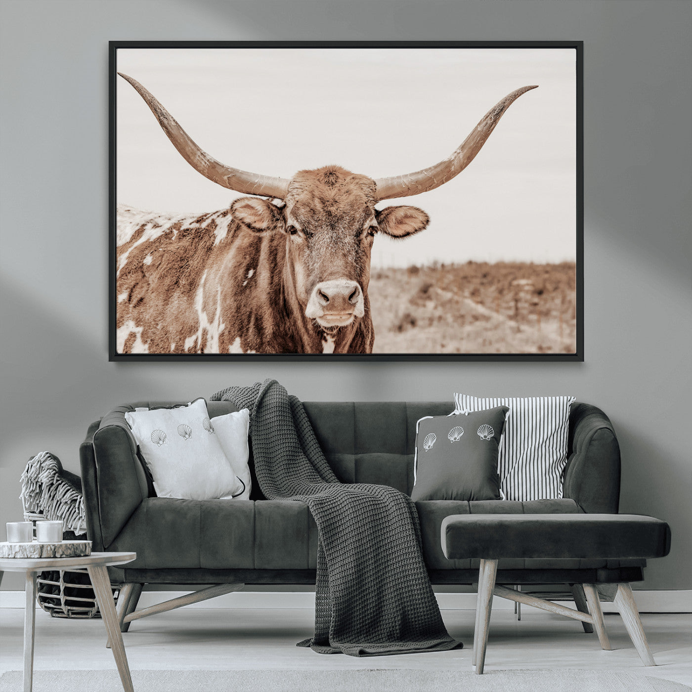 MGV-FC-36X24 - Longhorn Cow Wall Art Canvas Print, Framed Texas Ranch Art Picture Print, Western Bull Perfect County Decor Artwork