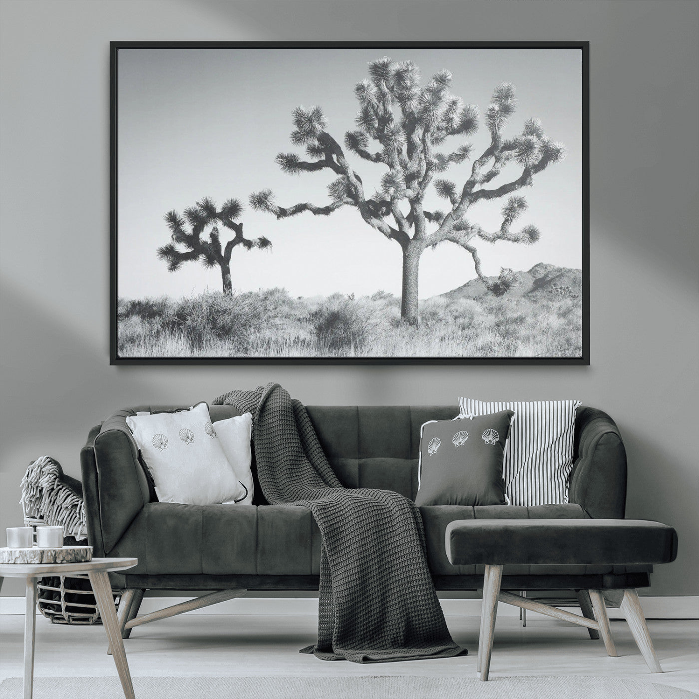 MGV-FC-36X24 - Joshua Tree Wall Art Canvas Print, Framed Black White Landscape Art Picture Print, Desert Tree Decor Perfect Southwestern Decor Artwork