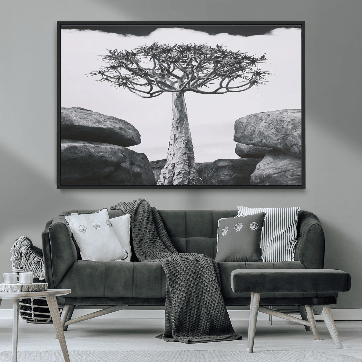 Black and white Joshua tree with bold rocky background, ideal for minimalist or desert-inspired home wall decoration.