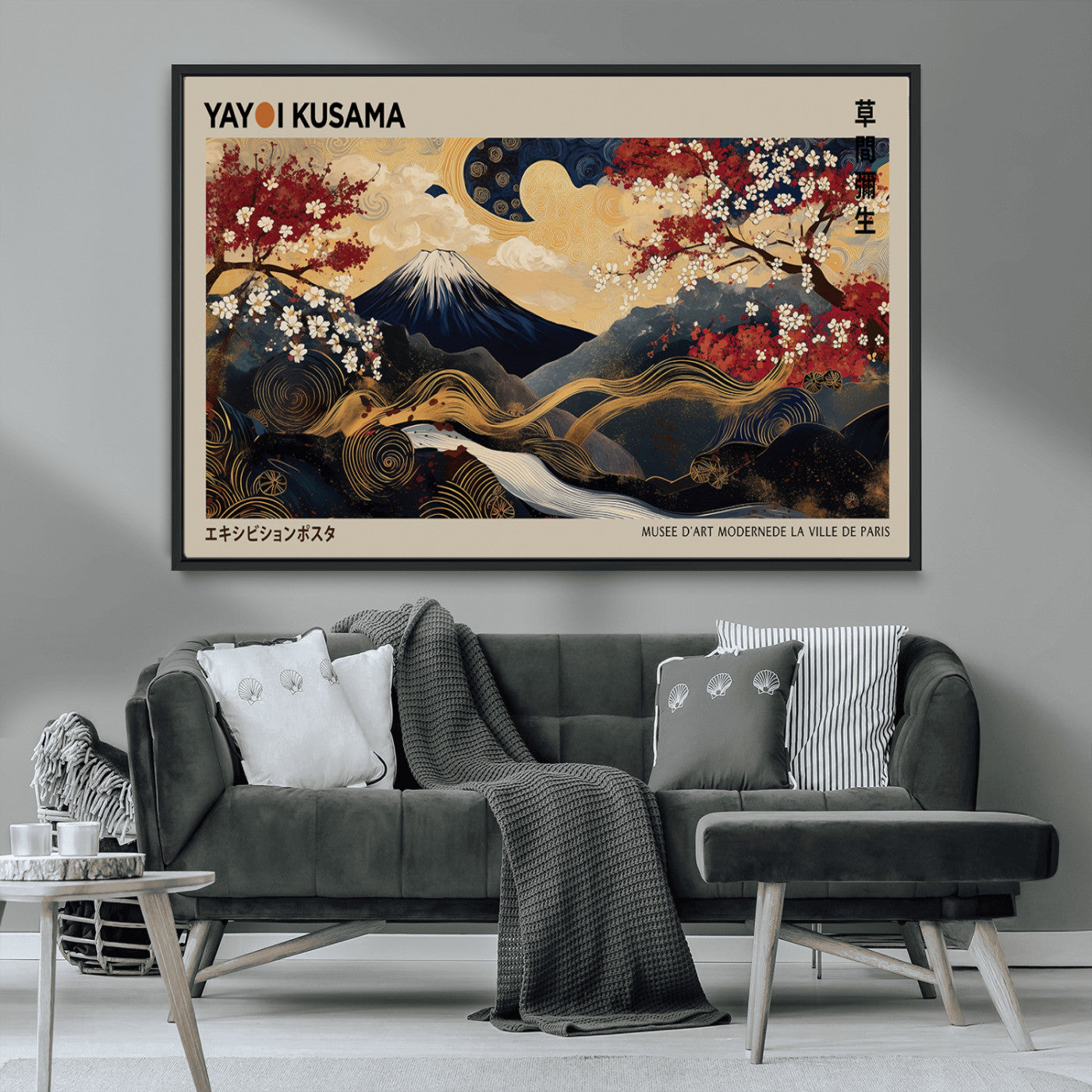 MGV-FC-36X24 - Modern Japanese Wall Art, Yayoi Kusama Japanese Print Wall Art, Abstract Mount Fuji Canvas Print,