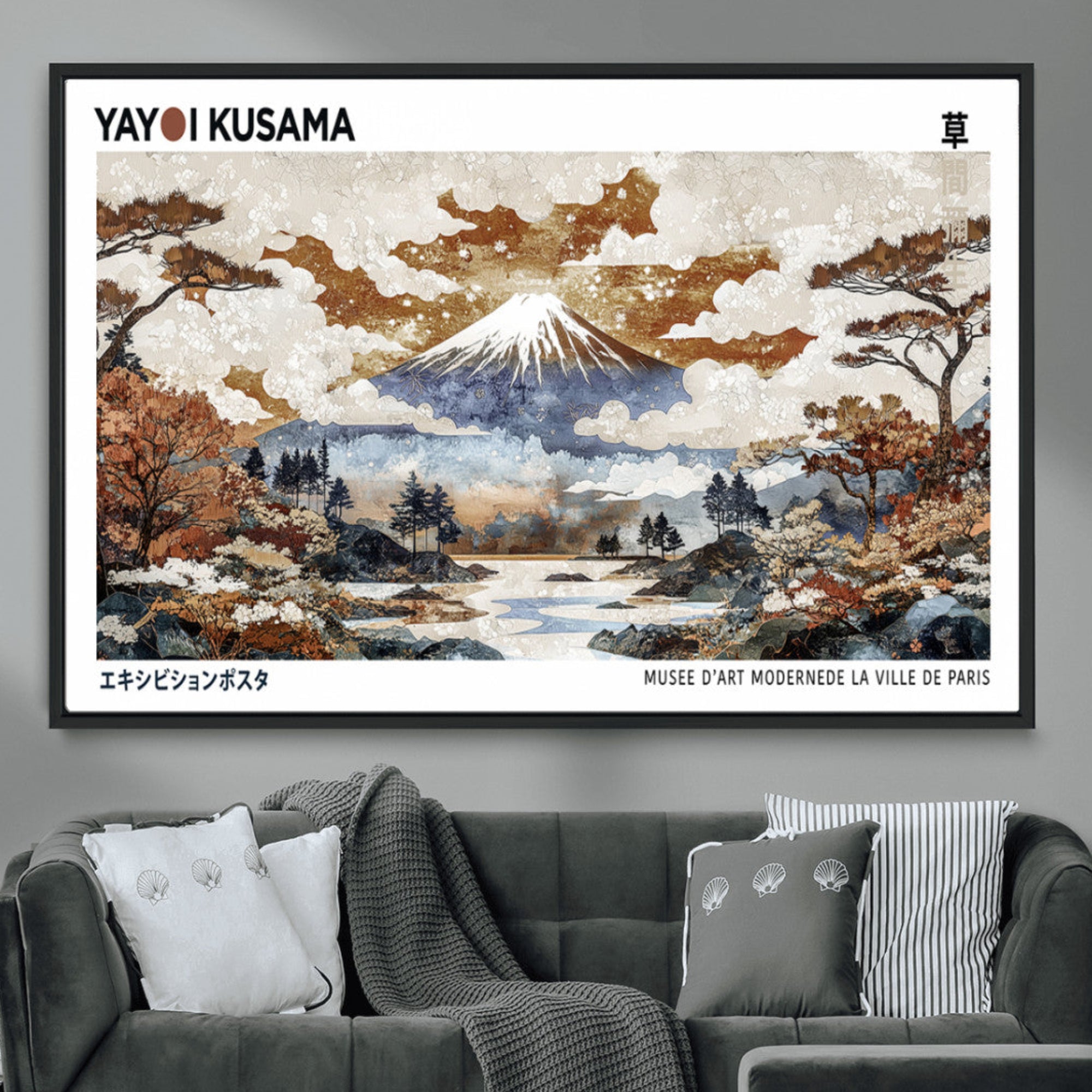80111817-MGV-CV-36X24-Modern Japanese Wall Art Canvas Print – Framed Abstract Mount Fuji Scene with Yayoi Kusama Artwork for Home, Office