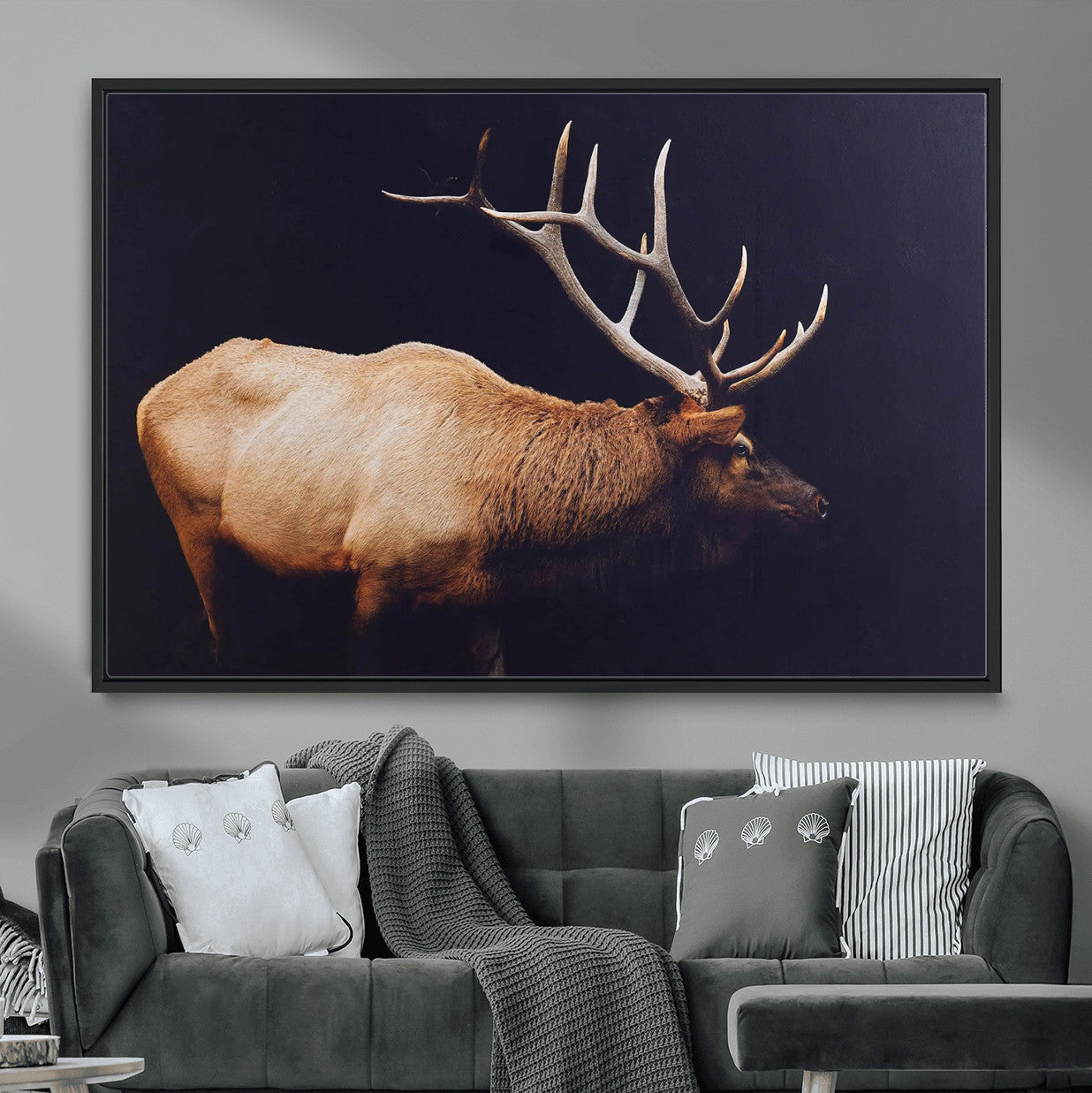 89239257-MGV-FC-36X24 - Rustic Elk Wall Art Canvas Print – Framed Moody Wildlife Art Picture Western Animal Artwork for Home, Office