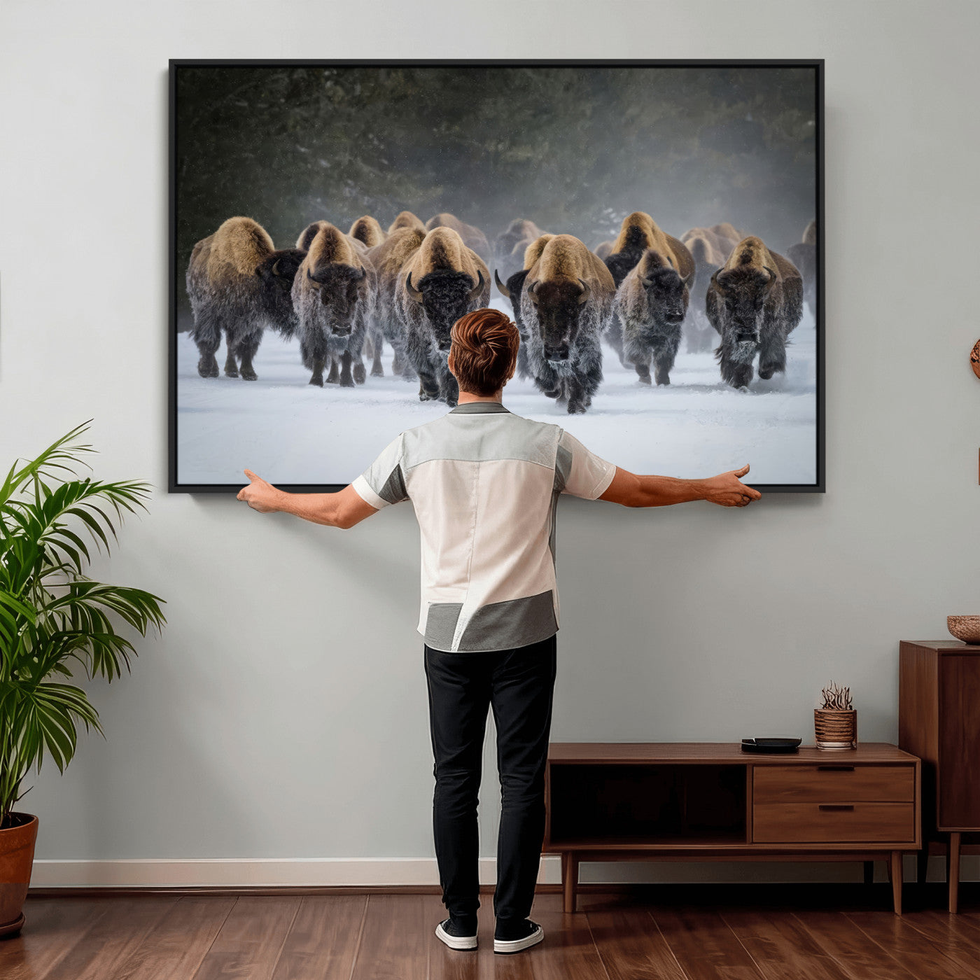 41669135-MGV-CV-36X24 - Winter Bison Herd Wall Art – Majestic Buffalo Charge Canvas Print with Snow Covered Plains, Rustic Wildlife Strength and Untamed Nature Decor for Home and Office