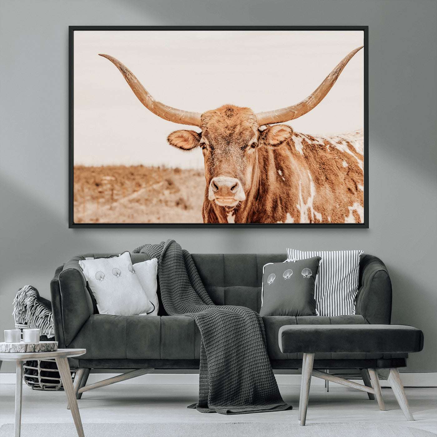 MGV-FC-36X24 - Longhorn Bull Wall Art Canvas Print, Framed Western Cow Art Picture Print, Rustic Farmhouse Perfect Neutral Farmhouse Decor Artwork