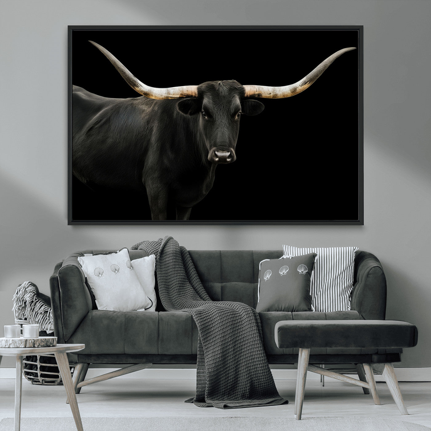 MGV-FC-36X24 - Texas Longhorn Wall Art Canvas Print, Framed Rustic Western Art Picture Print, Farmhouse Animal Perfect Modern Western Minimalist Decor Artwork