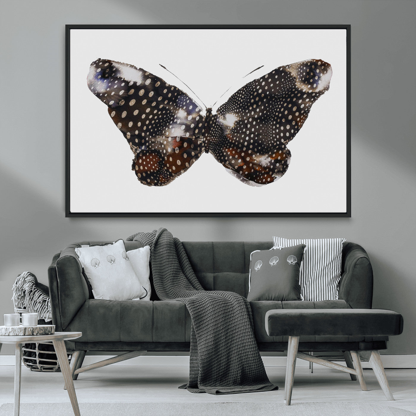 MGV-FC-36X24 - Spotted Butterfly Wall Art Canvas Print, Framed Neutral Insect Theme Art Picture Print, Earthy Wing Pattern Perfect Modern Rustic Decor Artwork
