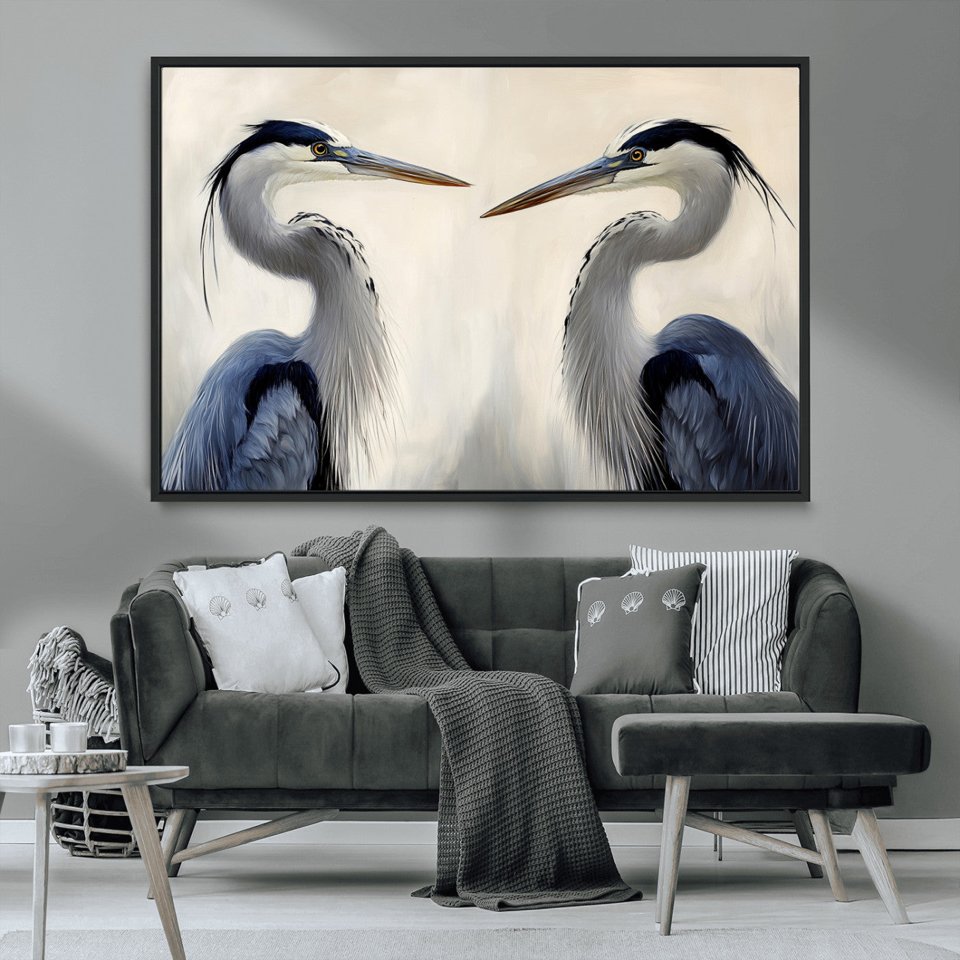 MGV-FC-36X24 - Blue Heron Pair Wall Art Canvas Print, Framed Coastal Bird Theme Art Picture Print, Tranquil Wildlife Scene Perfect Coastal Minimalist Decor Artwork