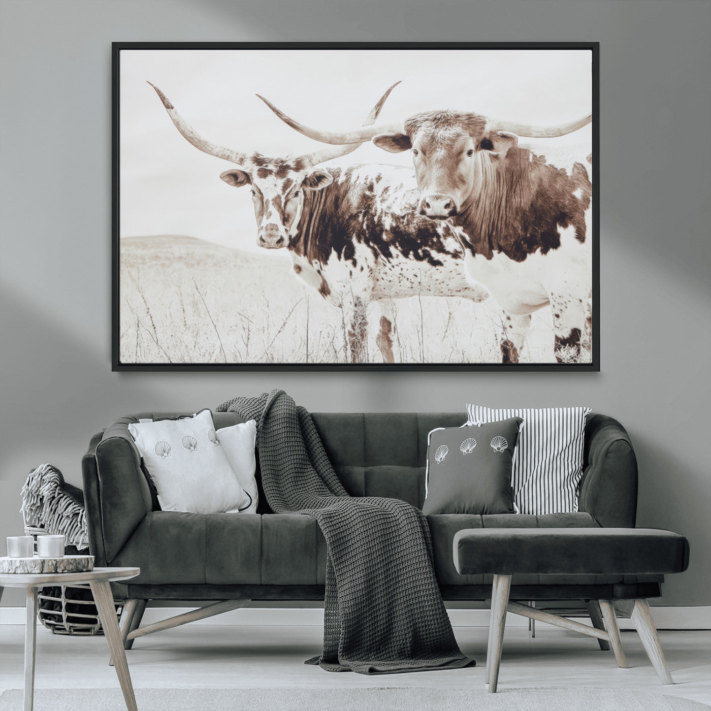 MGV-FC-36X24 - Longhorn Wall Art Wall Art Canvas Print, Framed Western Cow Canvas Art Picture Print, Rustic Farm Decor Perfect Rustic Farmhouse Decor Artwork