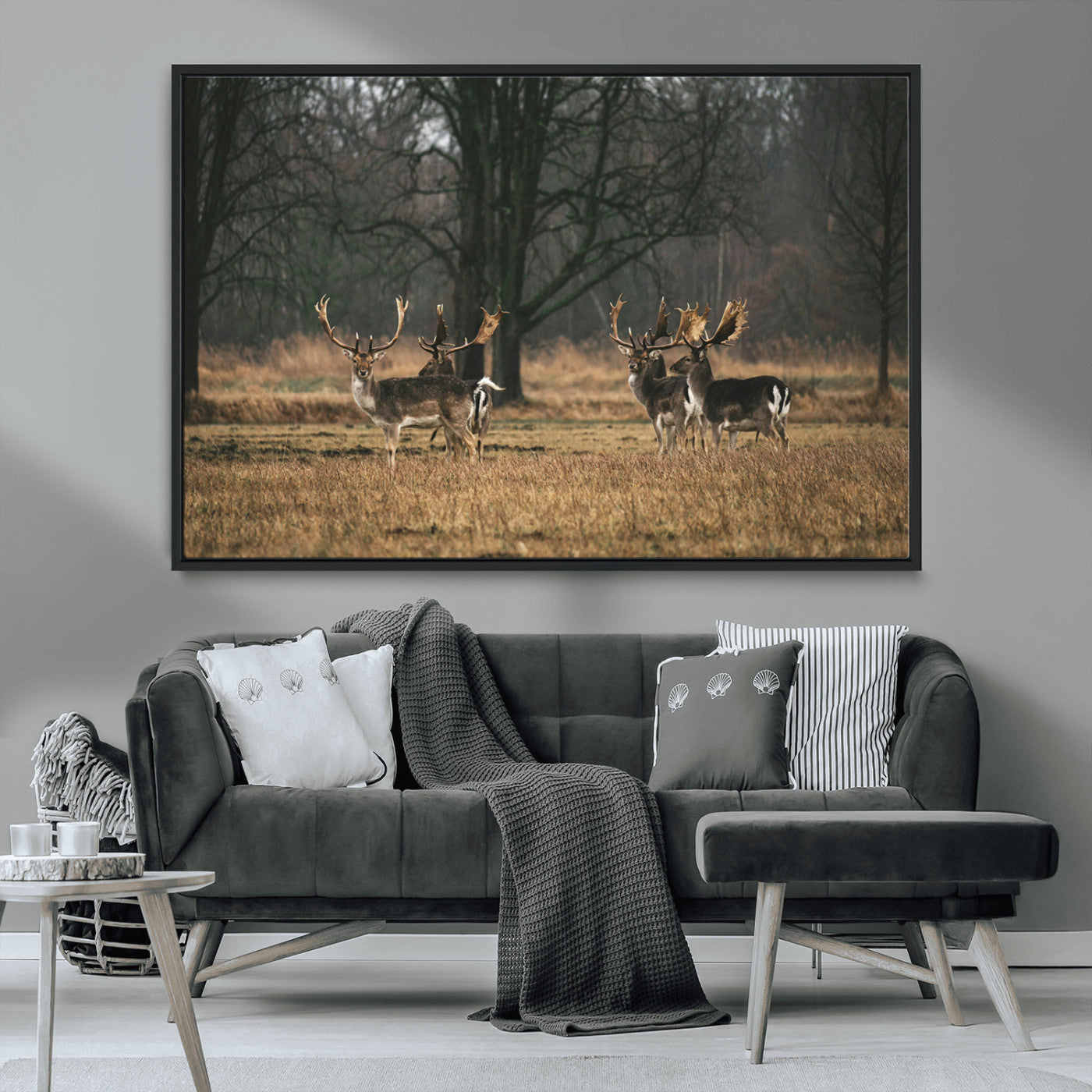 MGV-FC-36X24 - Deer Photography Wall Art Canvas Print, Framed Rustic Wildlife Art Picture Print, Stags In Forest Perfect Rustic Wilderness Decor Artwork