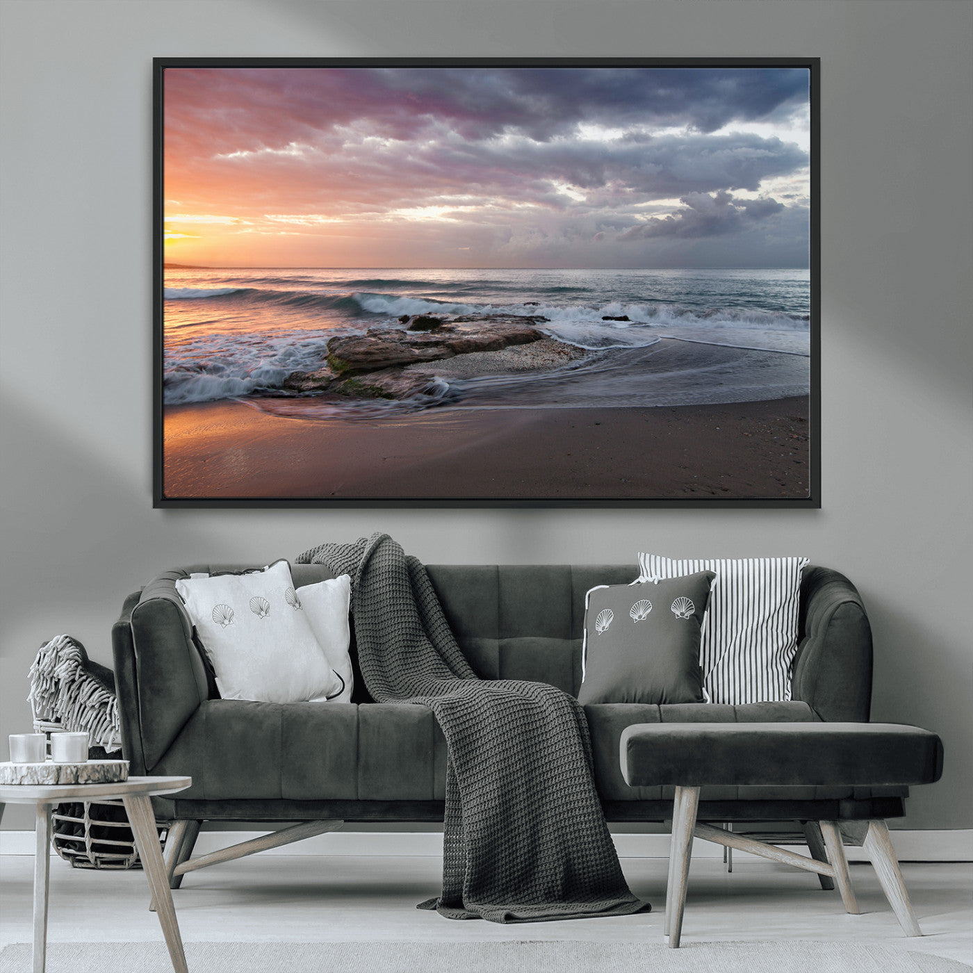 MGV-FC-36X24 - Golden Hour Wall Art Canvas Print, Framed Tranquil Waves Art Picture Print, Beach Perfect Coastal Serenity Decor Artwork