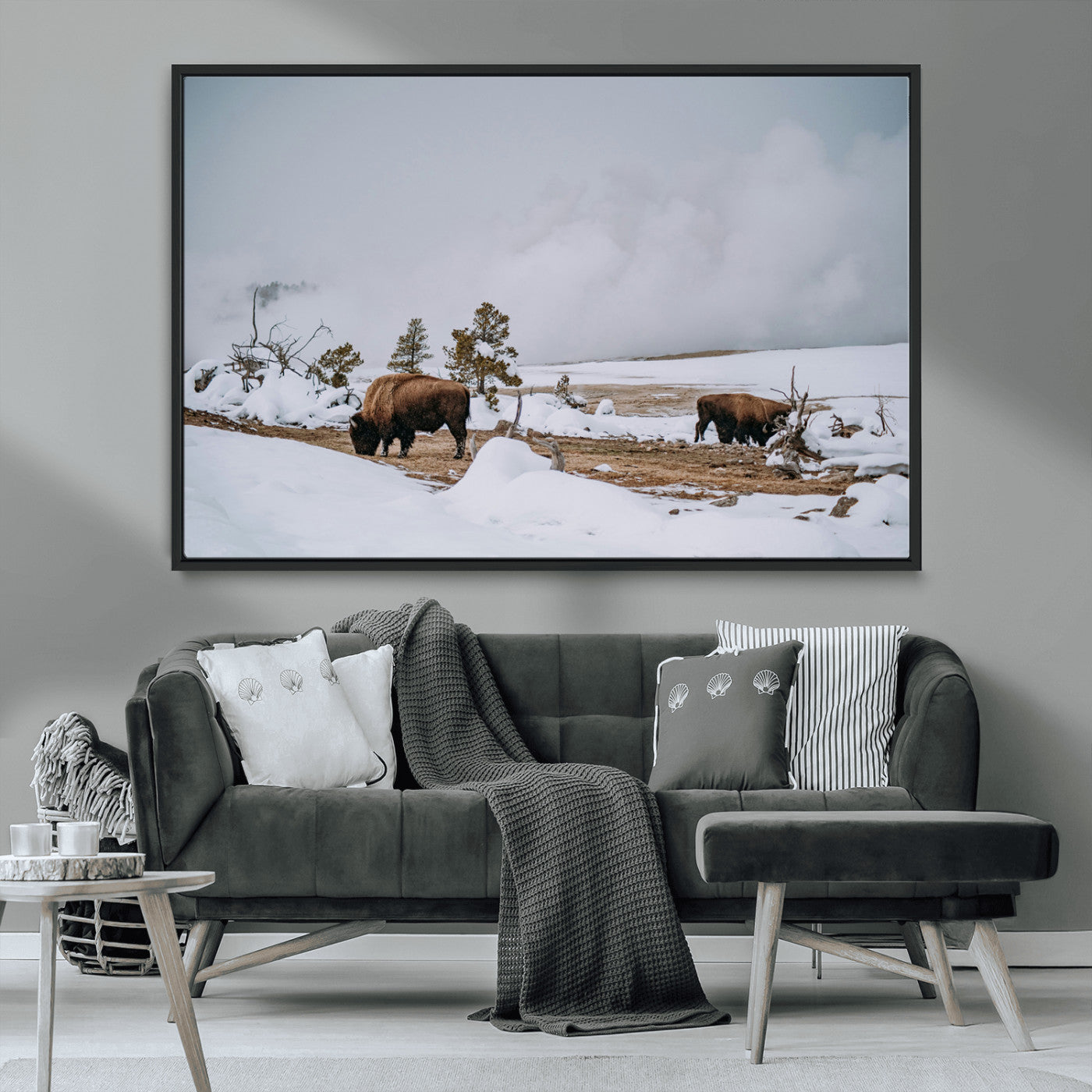 MGV-FC-36X24 - Bison Wildlife Wall Art Canvas Print, Framed Snowy Prairie Art Picture Print, Western Perfect Rustic Decor Artwork