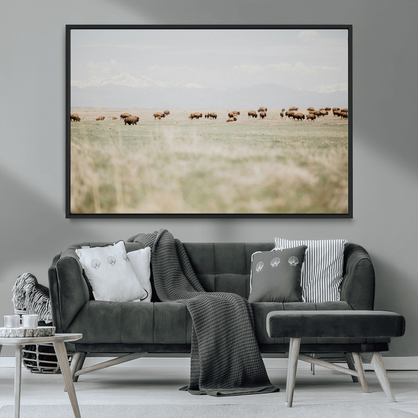 MGV-FC-36X24 - Bison Herd Wall Art Canvas Print, Framed Western Art Picture Print, Bison Perfect Ranch Decor Artwork
