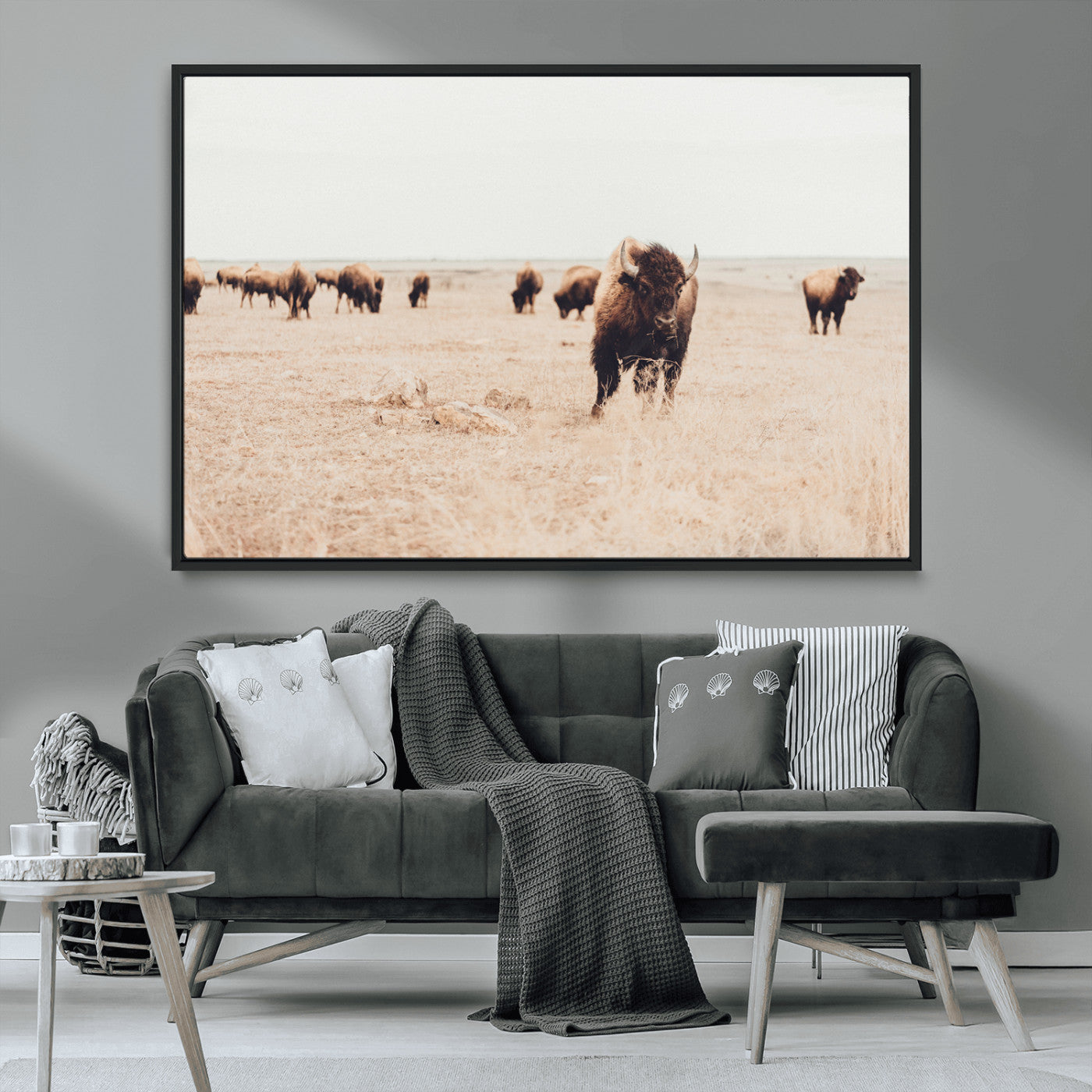 MGV-FC-36X24 - Bison Herd Wall Art Canvas Print, Framed Western Art Picture Print, Prairie Serenity Perfect Ranch Decor Artwork