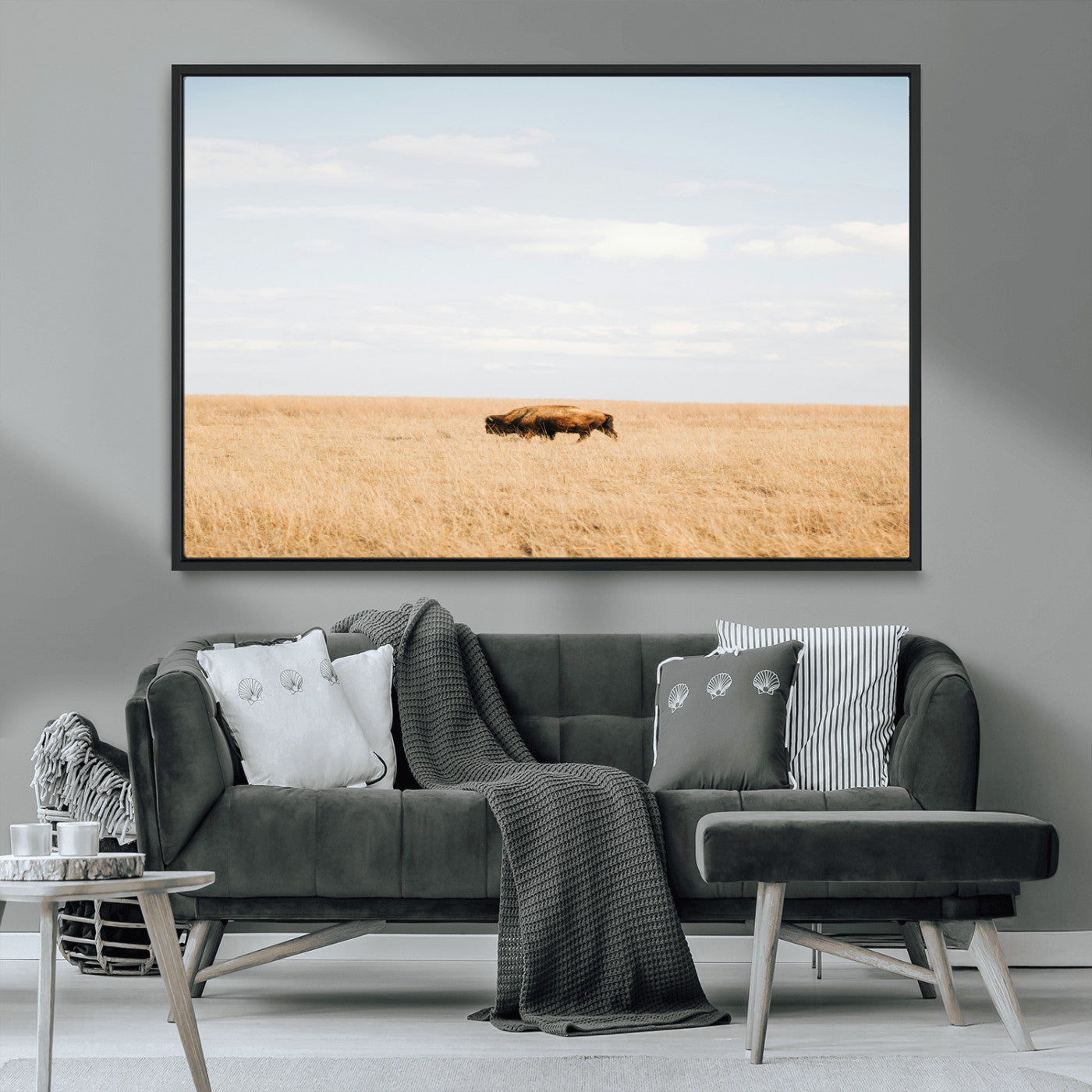 MGV-FC-36X24 - Minimalist Nature Wall Art Canvas Print, Framed Bison In Grassland Art Picture Print, Open Field Perfect Modern Ranch Decor Decor Artwork