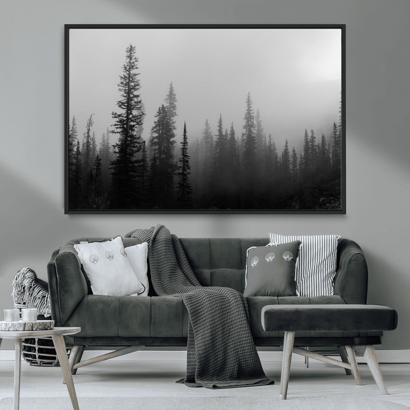 MGV-FC-36X24 - Misty Pines Wall Art Canvas Print, Framed Woodland Photography Art Picture Print, Minimalist Decor Perfect Rustic Decor Artwork