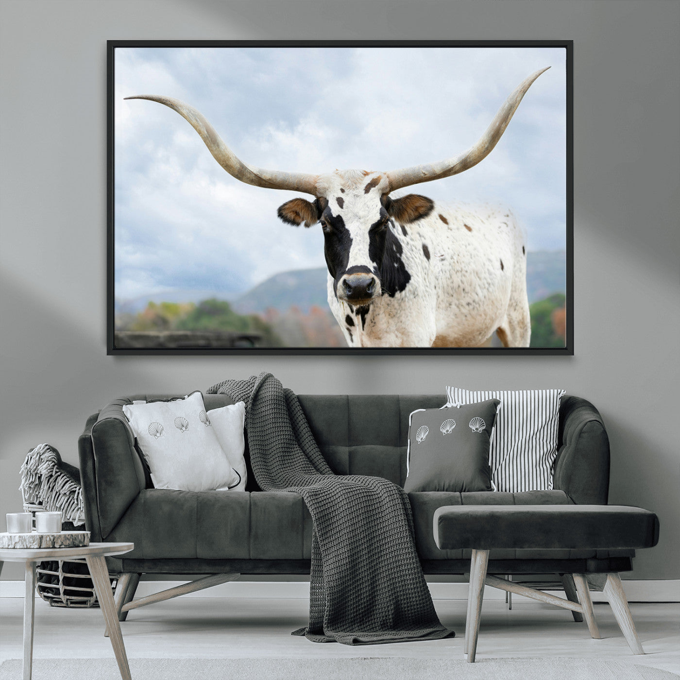 MGV-FC-36X24 - Texas Longhorn Wall Art Canvas Print, Framed Western Rustic Art Picture Print, Farmhouse Decor Perfect Farmhouse Decor Artwork