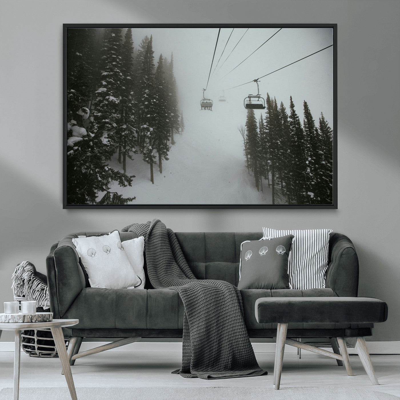 MGV-FC-36X24 - Ski Lift Wall Art Canvas Print, Framed Snowy Pines Art Picture Print, Misty Landscape Perfect Winter Serenity Decor Artwork