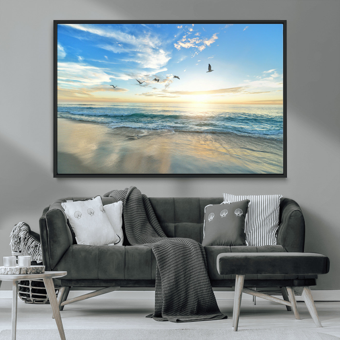 MGV-FC-36X24 - Minimalist Seaside Wall Art Canvas Print, Framed Morning Glow Art Picture Print, Golden Reflections Perfect Coastal Minimalist Decor Artwork
