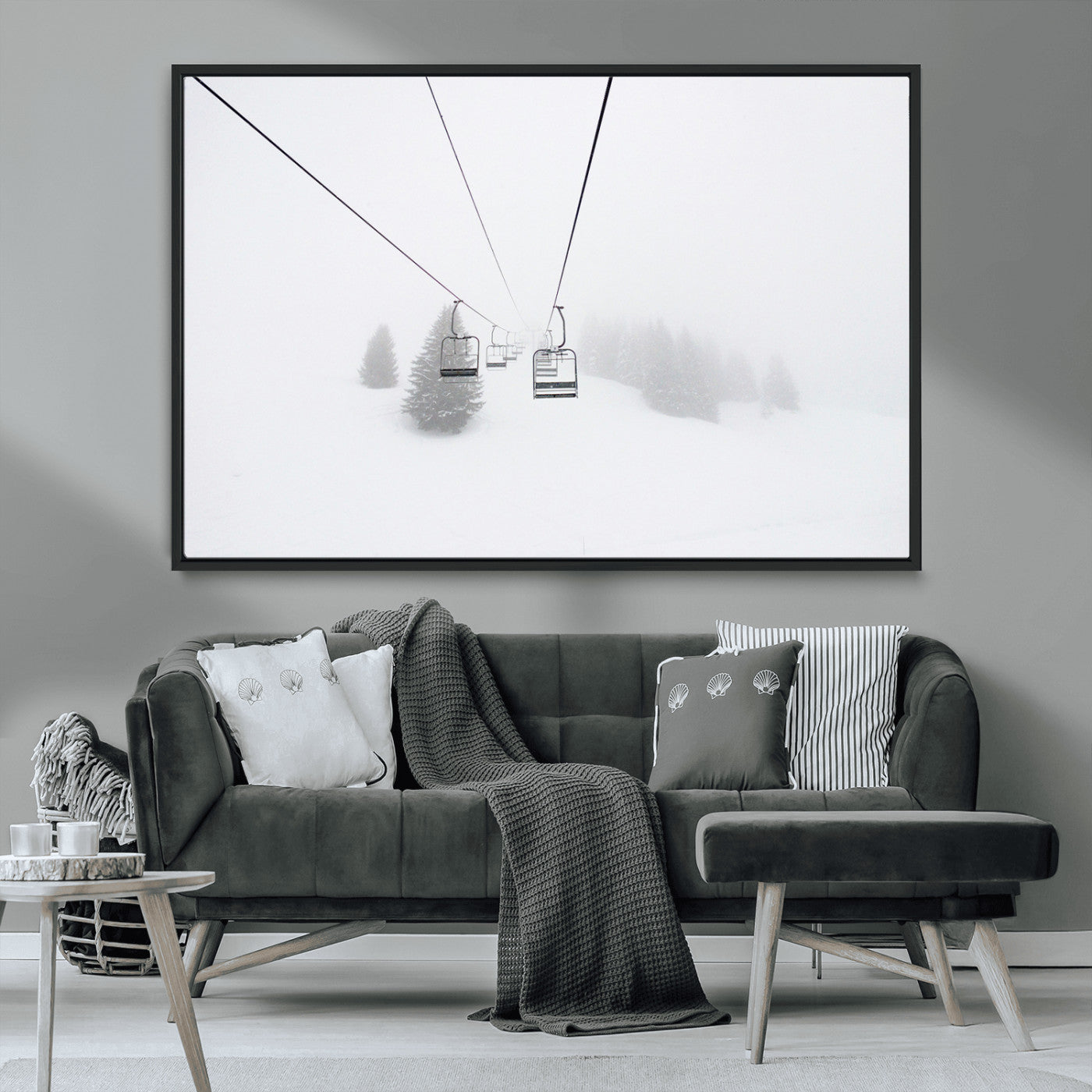 MGV-FC-36X24 - Ski Lift Wall Art Canvas Print, Framed Snowy Landscape Art Picture Print, Alpine Adventure Perfect Nordic Minimalist Decor Artwork