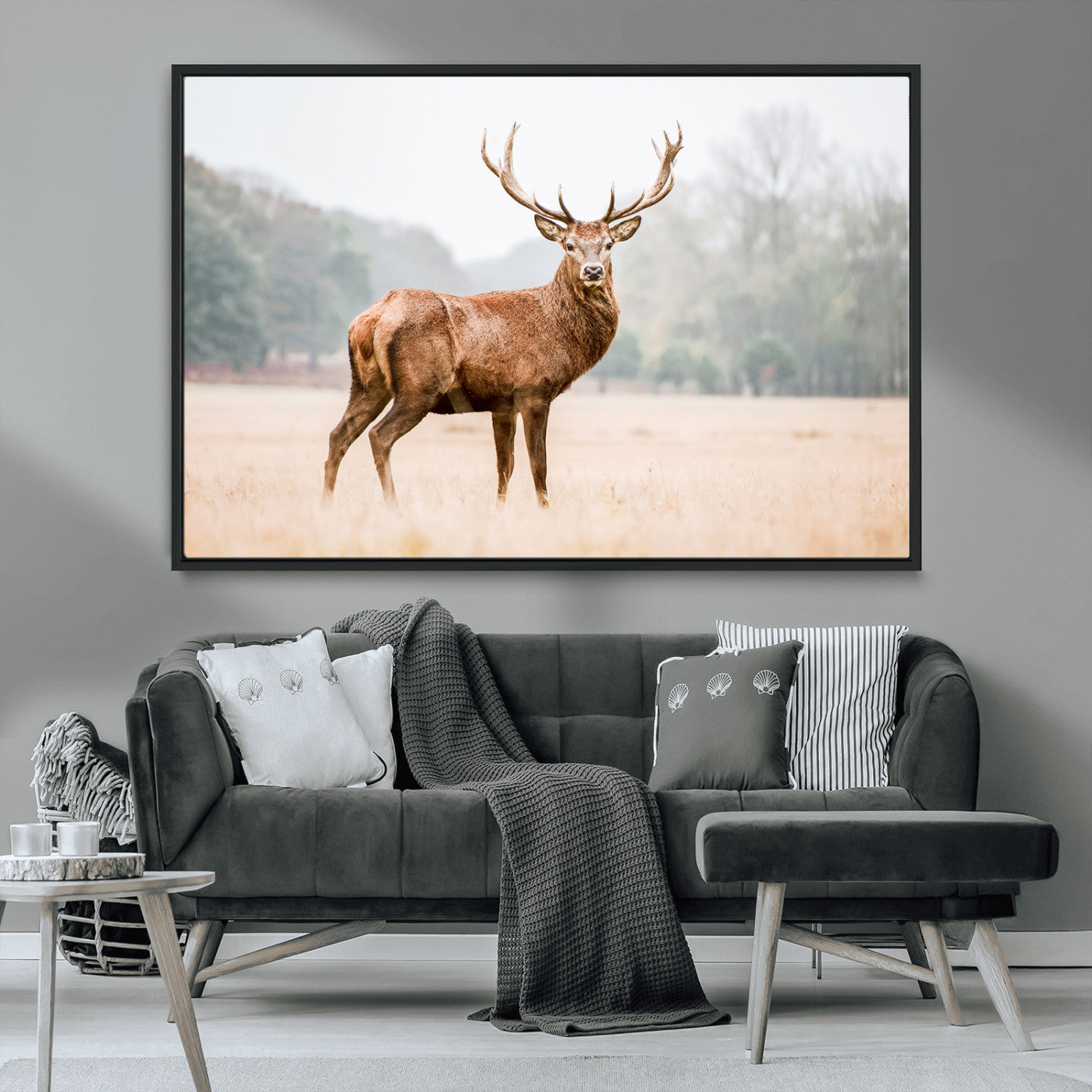 MGV-FC-36X24 - Vintage Wildlife Art Wall Art Canvas Print, Framed Misty Landscape Art Picture Print, Deer Wall Art Perfect Rustic Wildlife Decor Artwork