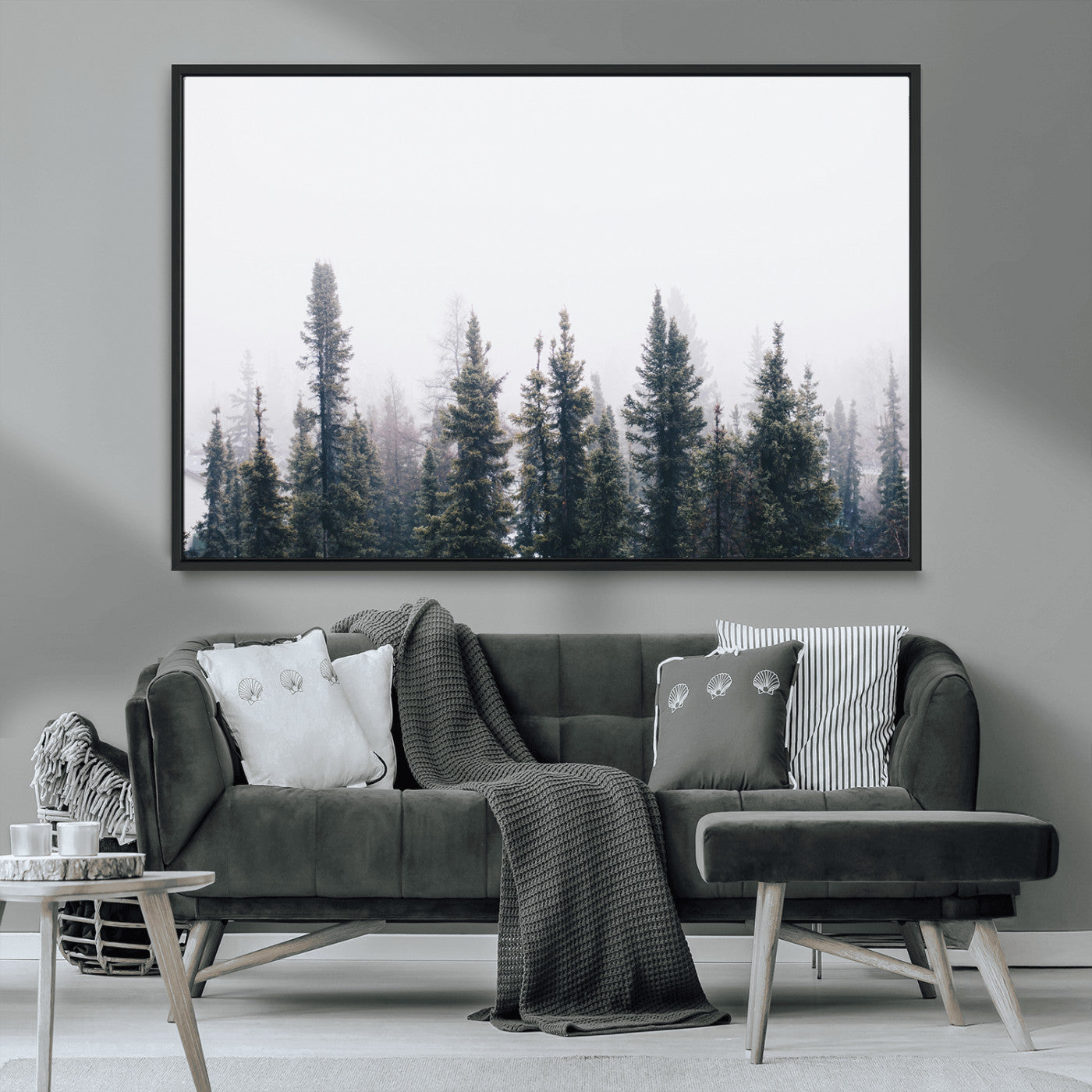 MGV-FC-36X24 - Foggy Forest Wall Art Canvas Print, Framed Misty Pines Art Picture Print, Moody Woodland Perfect Scandinavian Minimalist Decor Artwork