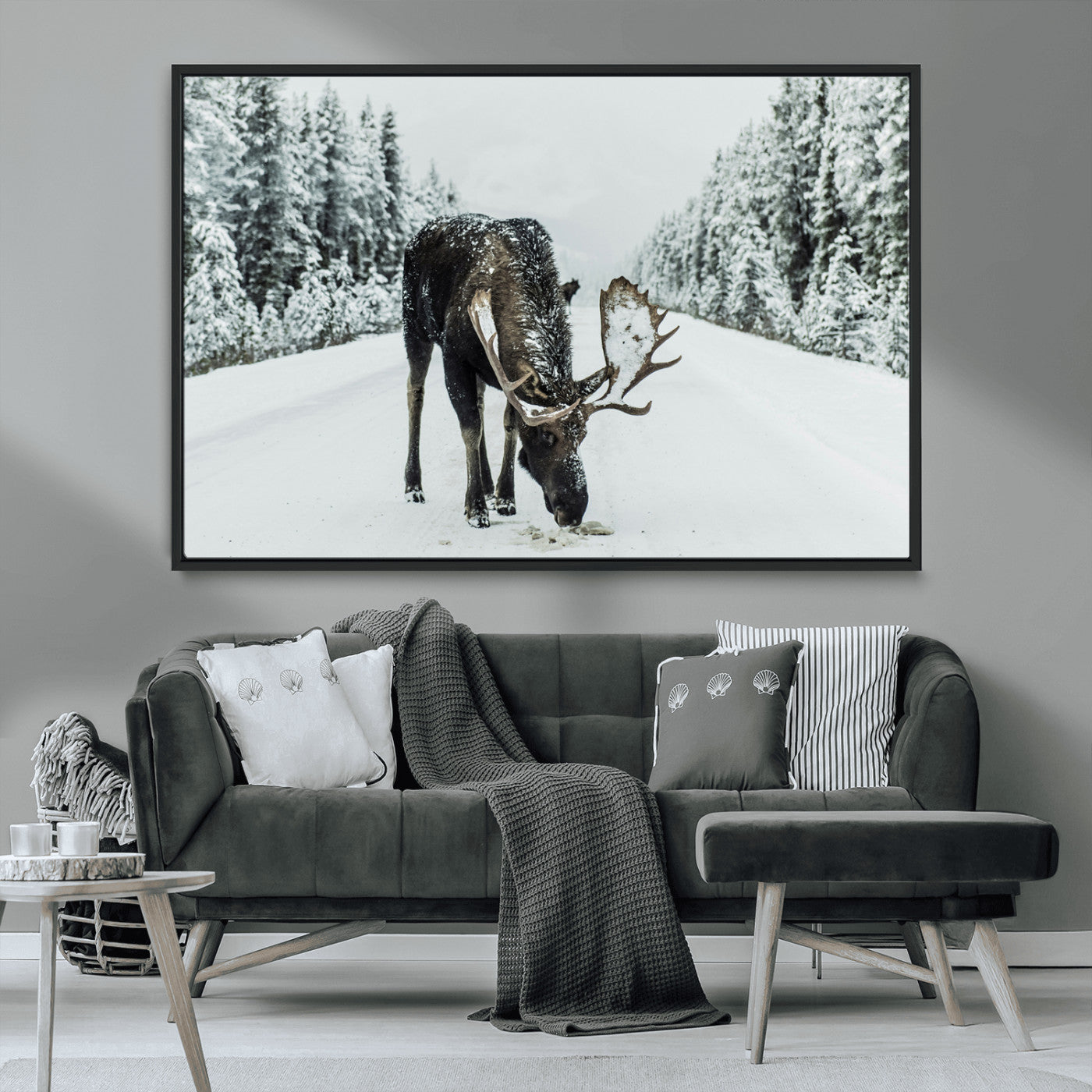 MGV-FC-36X24 - Moose in Snow Wall Art Canvas Print, Framed Winter Wildlife Art Picture Print, Snowy Forest Scene Perfect Rustic Lodge Decor Artwork