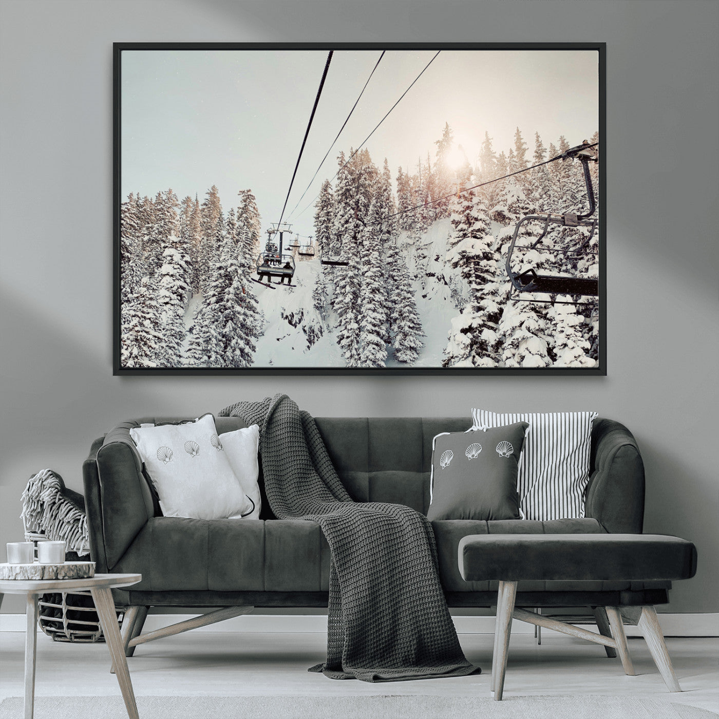 MGV-FC-36X24 - Frosty Pines Wall Art Canvas Print, Framed Cozy Cabin View Art Picture Print, Ski Lift Ride Perfect Rustic Lodge Decor Artwork