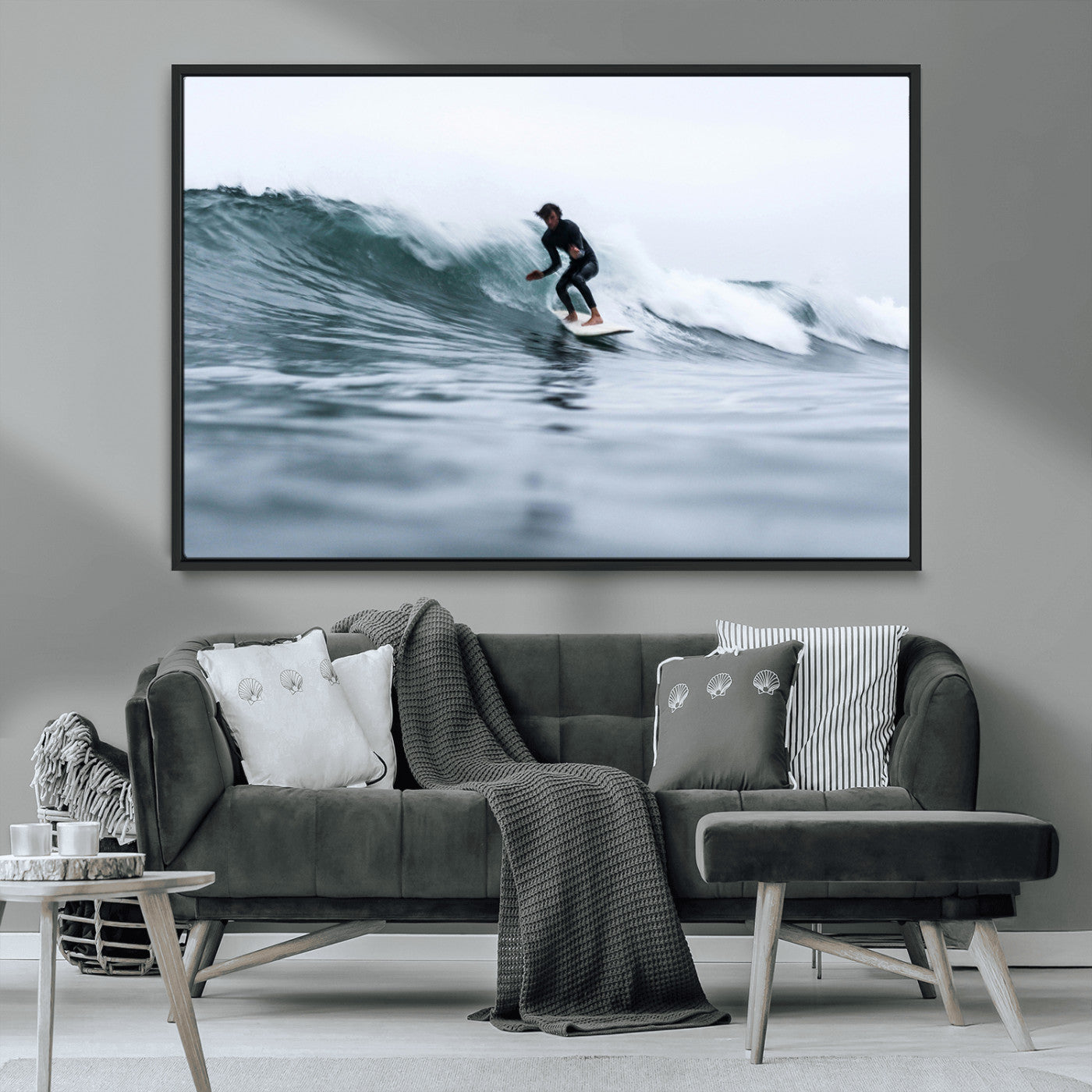 MGV-FC-36X24 - Surfer on Wave Wall Art Canvas Print, Framed Ocean Adventure Art Picture Print, Motion Blur Water Perfect Coastal Adventure Decor Artwork