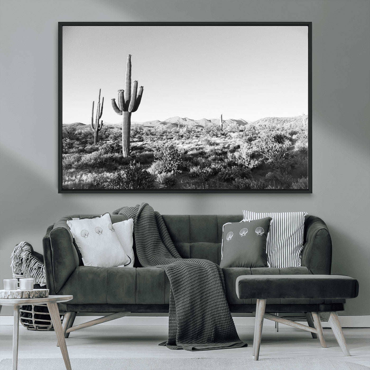 MGV-FC-36X24 - Saguaro Cactus Wall Art Canvas Print, Framed Monochrome Landscape Art Picture Print, Scenic Arizona View Perfect Minimalist Western Decor Artwork