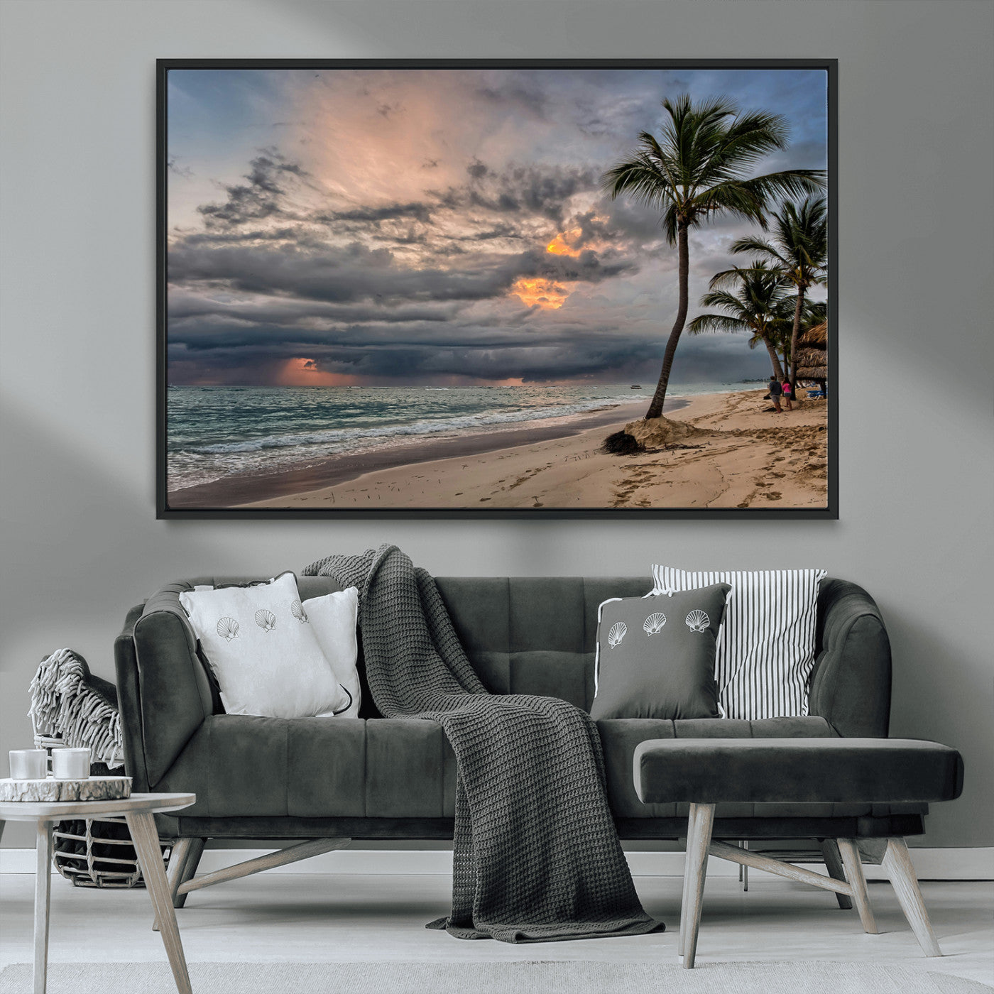 MGV-FC-36X24 - Tropical Storm Wall Art Canvas Print, Framed Moody Beach Art Picture Print, Dramatic Sky Perfect Tropical Coastal Decor Artwork