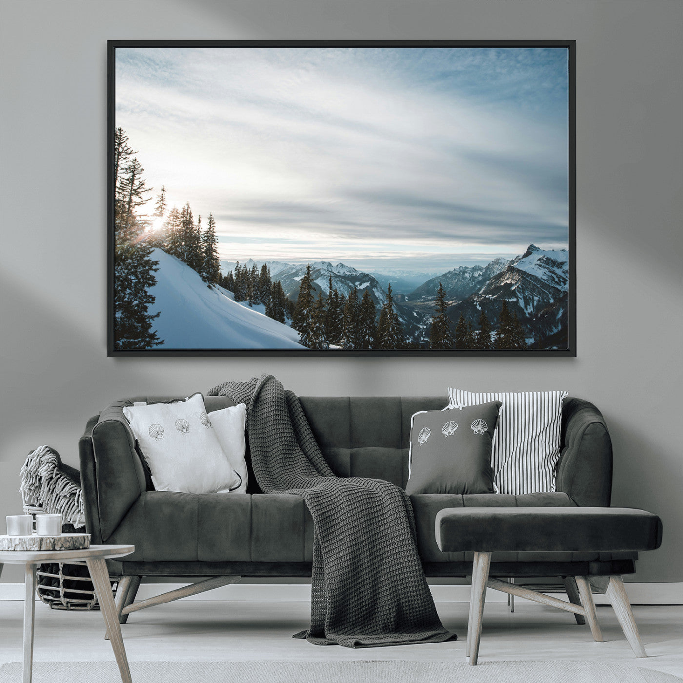 MGV-FC-36X24 - Snowy Mountains Wall Art Canvas Print, Framed Alpine Landscape Art Picture Print, Frosty Peaks Perfect Nordic Minimalist Decor Artwork