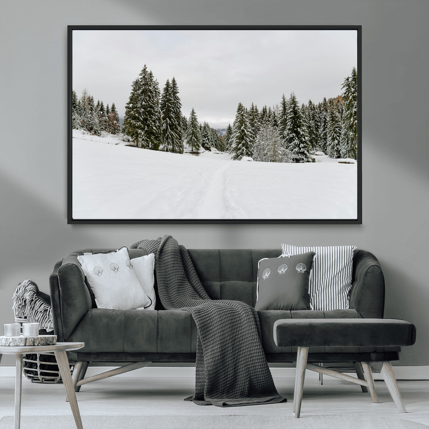MGV-FC-36X24 - Frosty Pines Wall Art Canvas Print, Framed Silent Snowfall Art Picture Print, Cozy Cabin Vibes Perfect Nordic Minimalist Decor Artwork