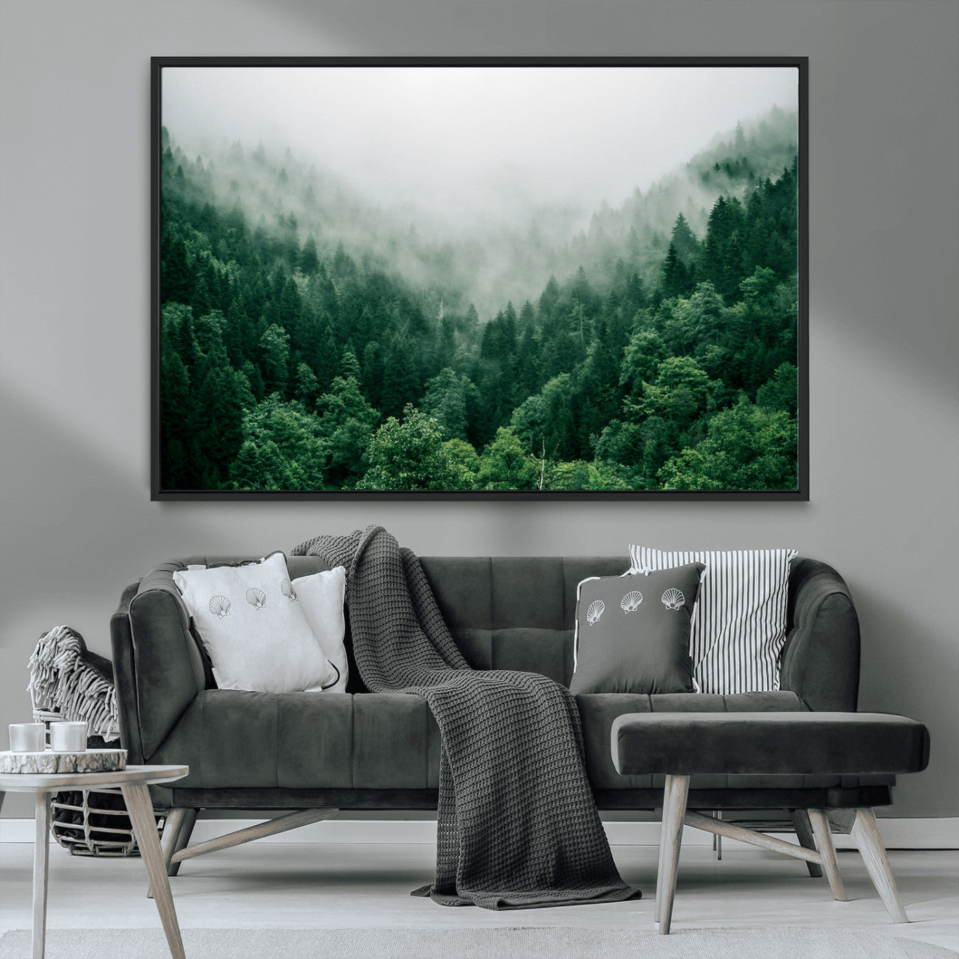 MGV-FC-36X24 - Misty Green Forest Canvas Print – Serene Foggy Pine Landscape Wall Art, Tranquil Nature Decor for