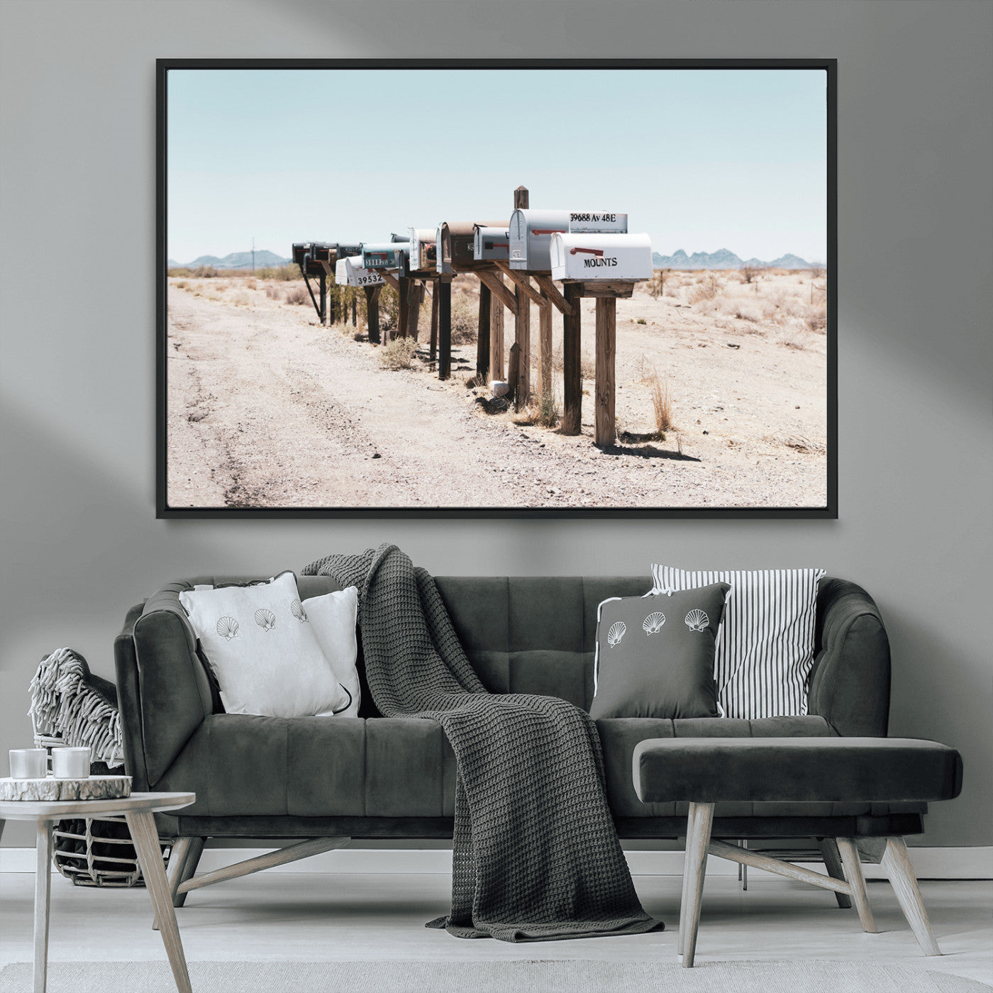 MGV-FC-36X24 - Desert Mailboxes Canvas Print – Minimal Western Landscape Photography, Rustic Americana Wall Art for