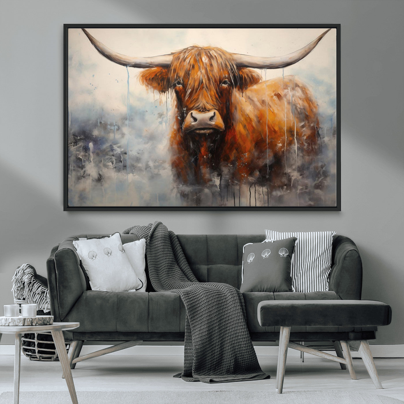 MGV-FC-36X24 - Scottish Highland Wall Art Canvas Print, Framed Longhorn Art Picture Print, Western Cow Perfect Farmhouse Decor Artwork