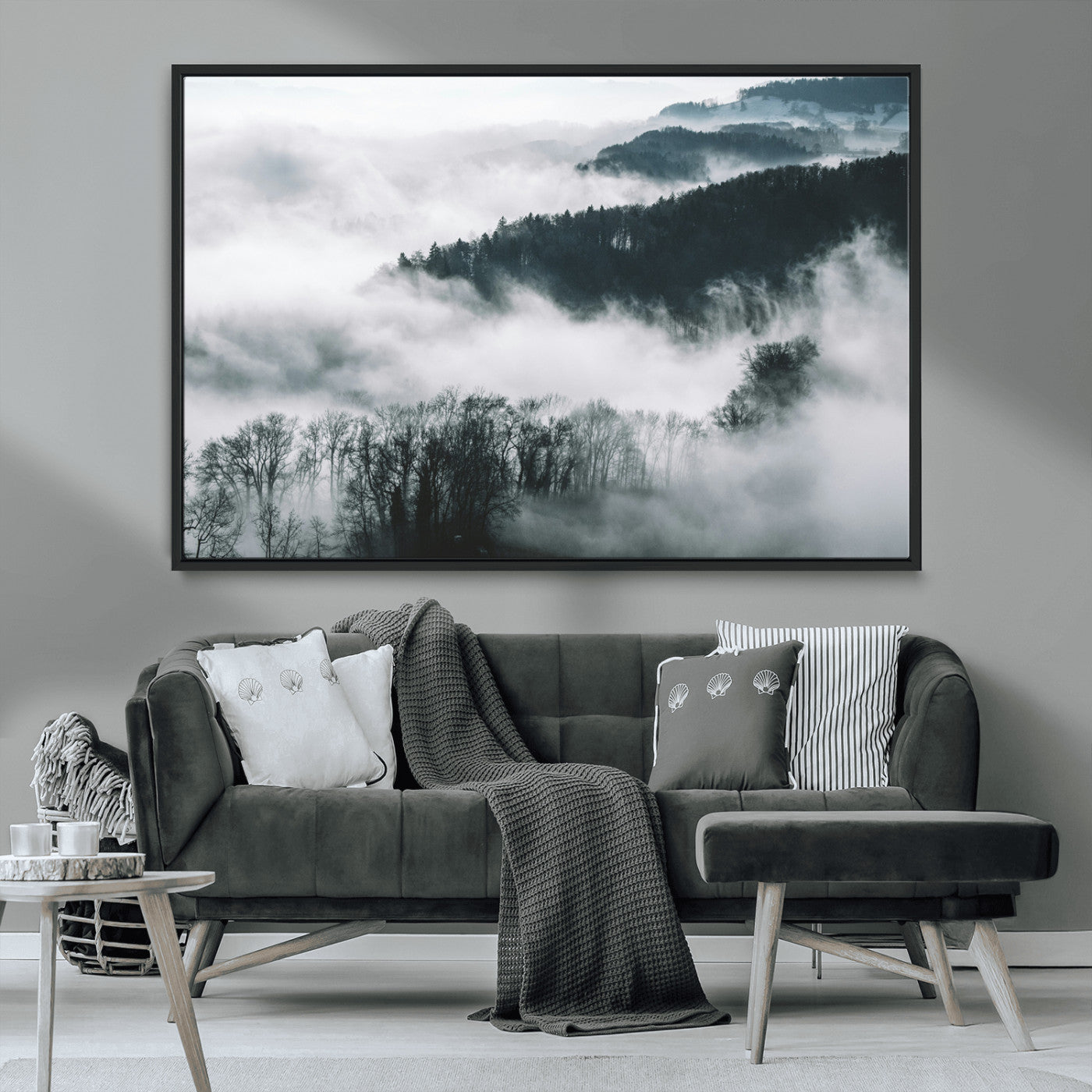 MGV-FC-36X24 - Foggy Forest Landscape Wall Art Canvas Print – Misty Mountain Valley Scene in Monochrome Tones,