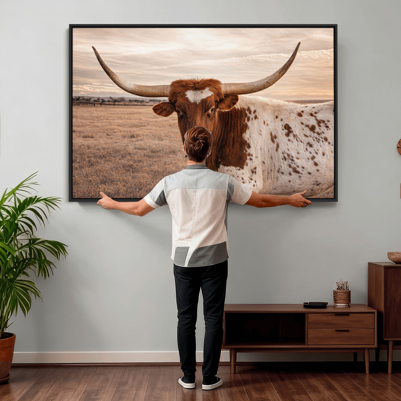 95745718-MGV-CV-36X24 - Longhorn Cow Wall Art – Texas Bull Canvas Print, Rustic Farm Cattle Photography, Western Animal Decor for Country Home, Living Room or Game Room