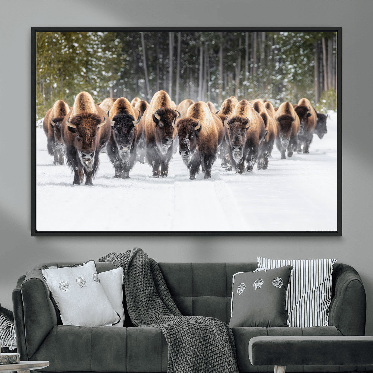 96906195-MGV-FC-36X24 - American Bison Herd Snow Canvas Wall Art – Powerful Winter Wildlife Print of Buffalo Motion, Rustic Lodge or Western Cabin Decor for Living Room, Office