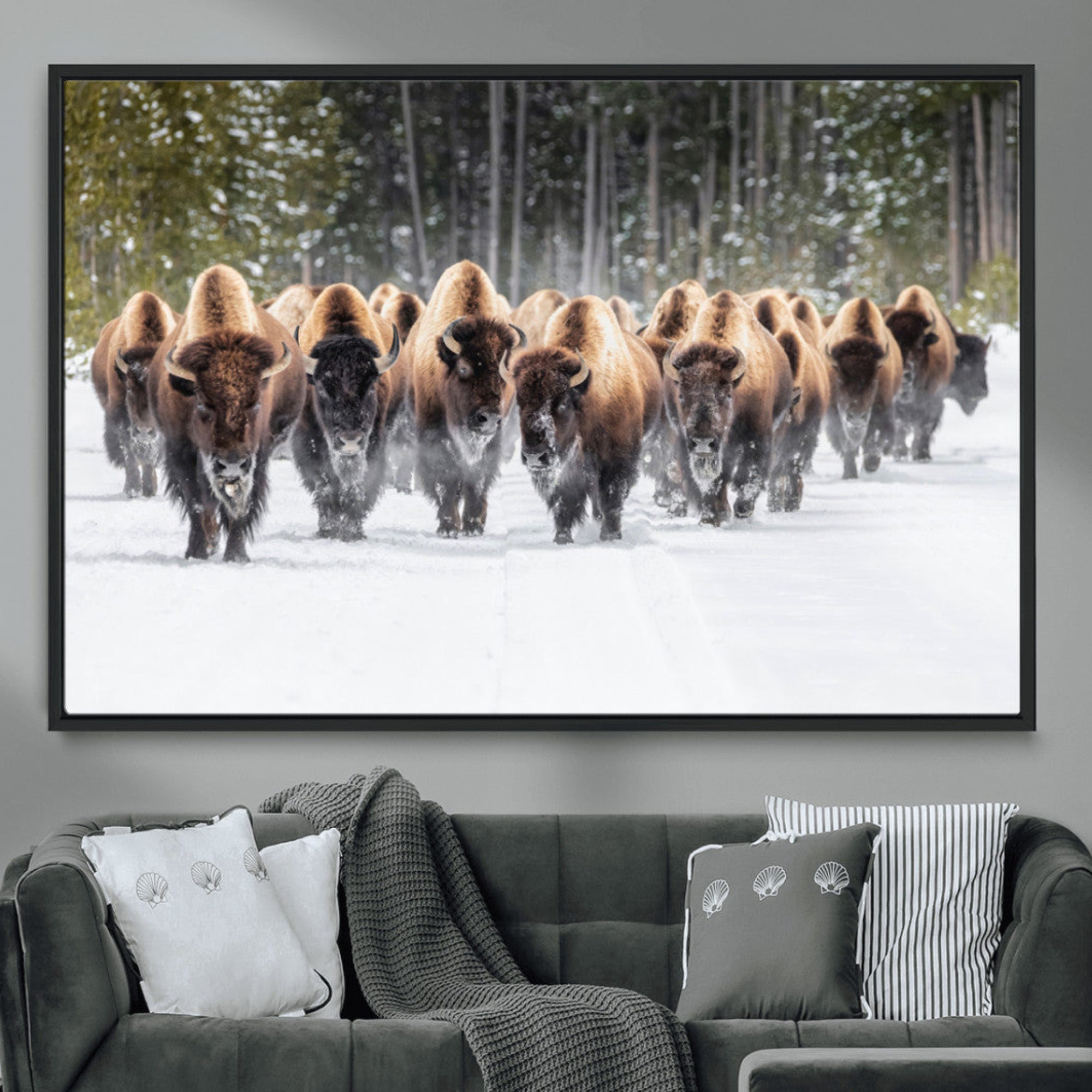 96906195-MGV-CV-36X24-American Bison Herd Wall Art Canvas Print – Powerful Winter Wildlife Scene with Buffalo Artwork for Home, Office